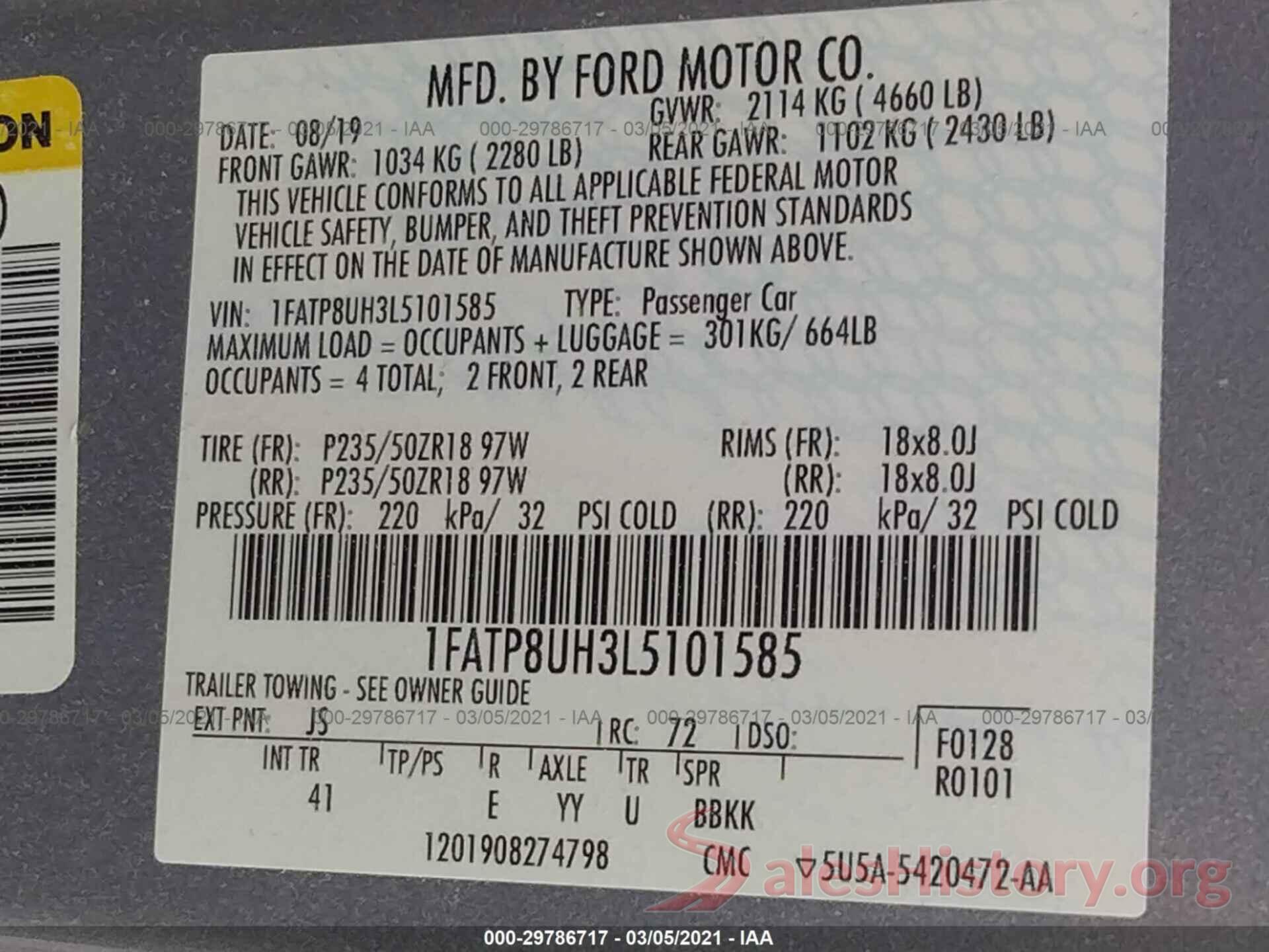 1FATP8UH3L5101585 2020 FORD MUSTANG