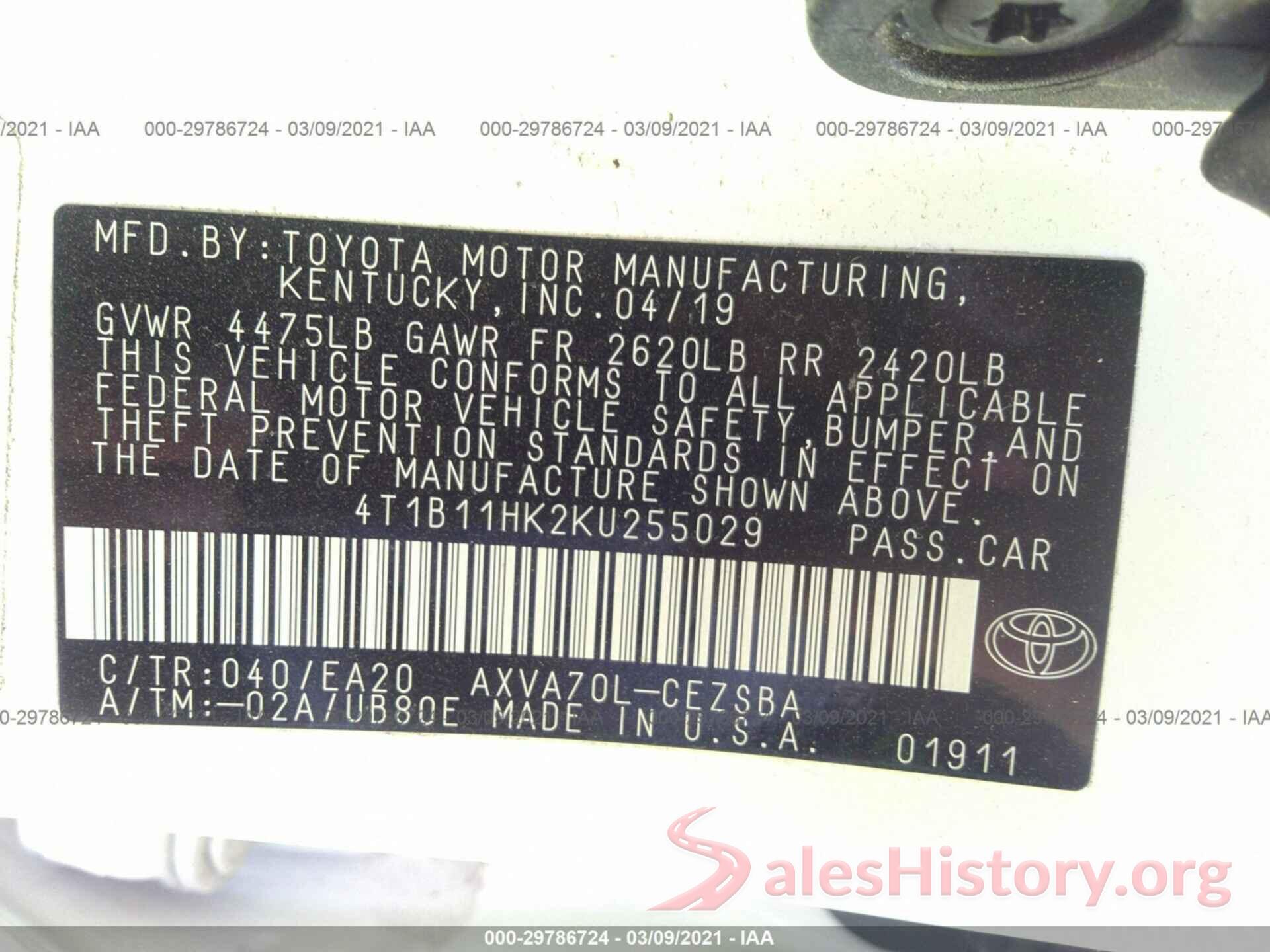 4T1B11HK2KU255029 2019 TOYOTA CAMRY