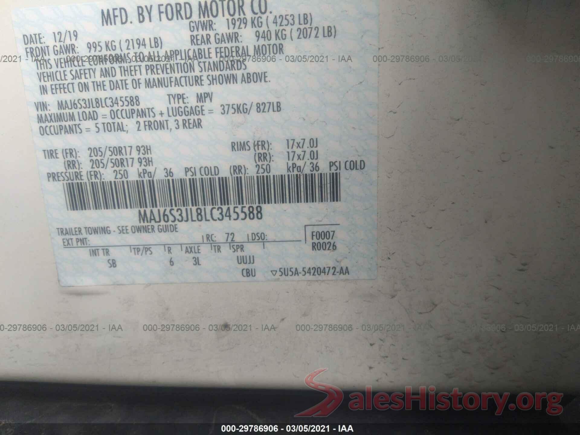 MAJ6S3JL8LC345588 2020 FORD ECOSPORT