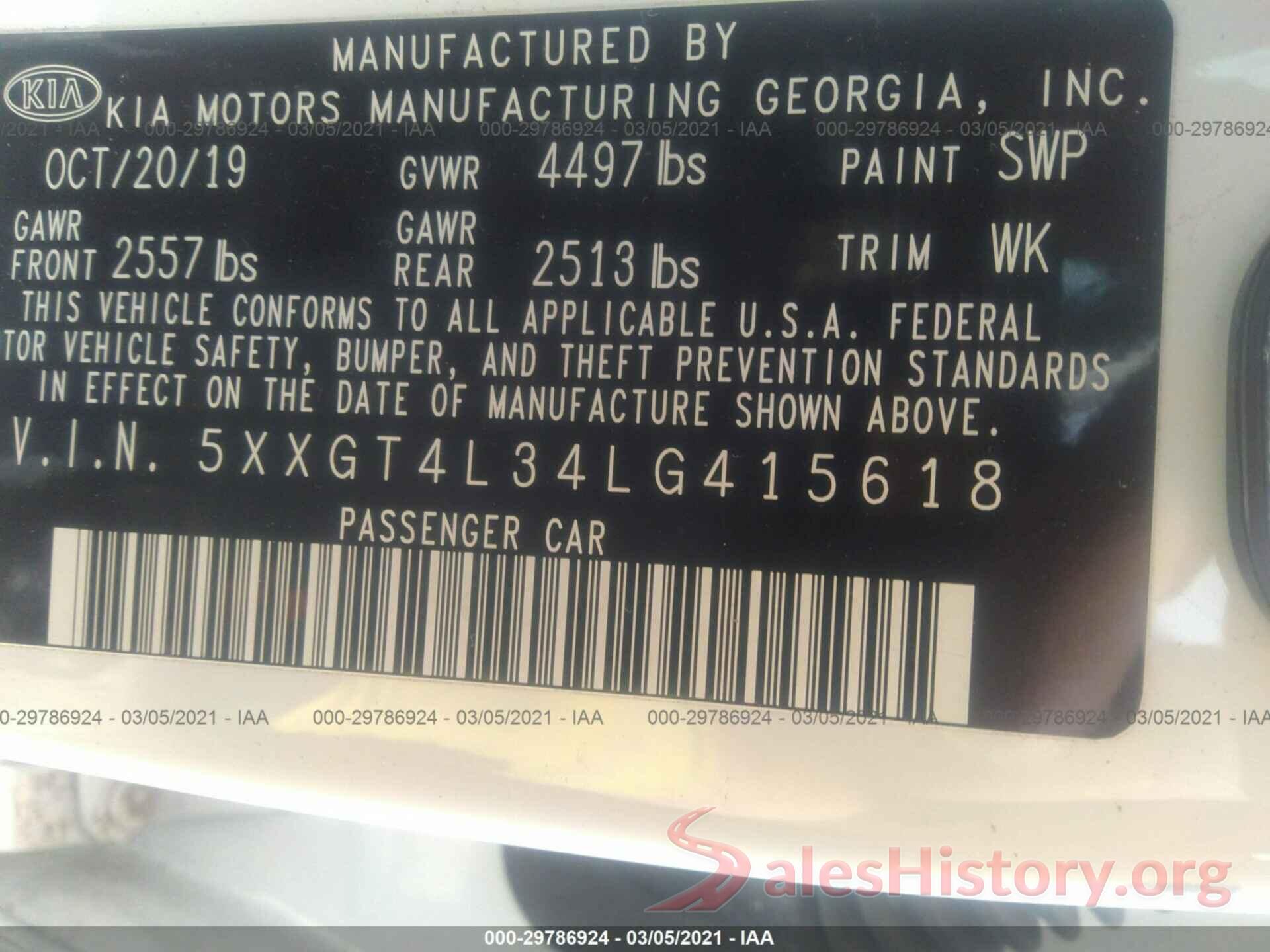 5XXGT4L34LG415618 2020 KIA OPTIMA