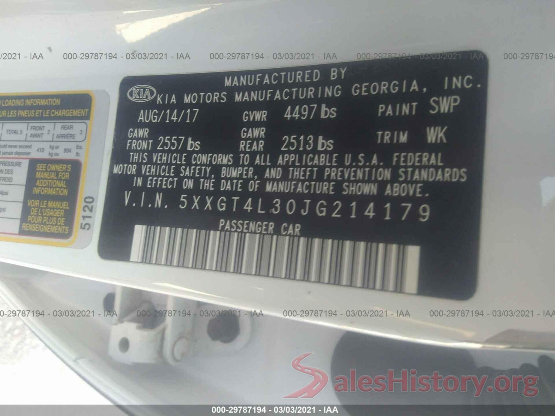 5XXGT4L30JG214179 2018 KIA OPTIMA