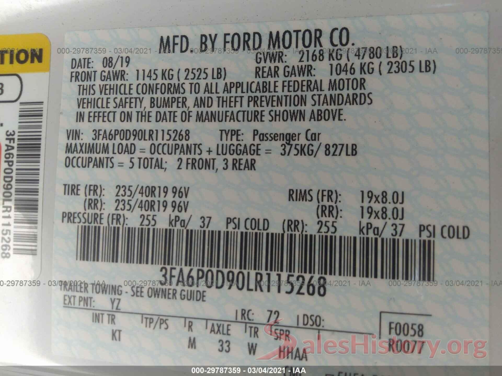 3FA6P0D90LR115268 2020 FORD FUSION