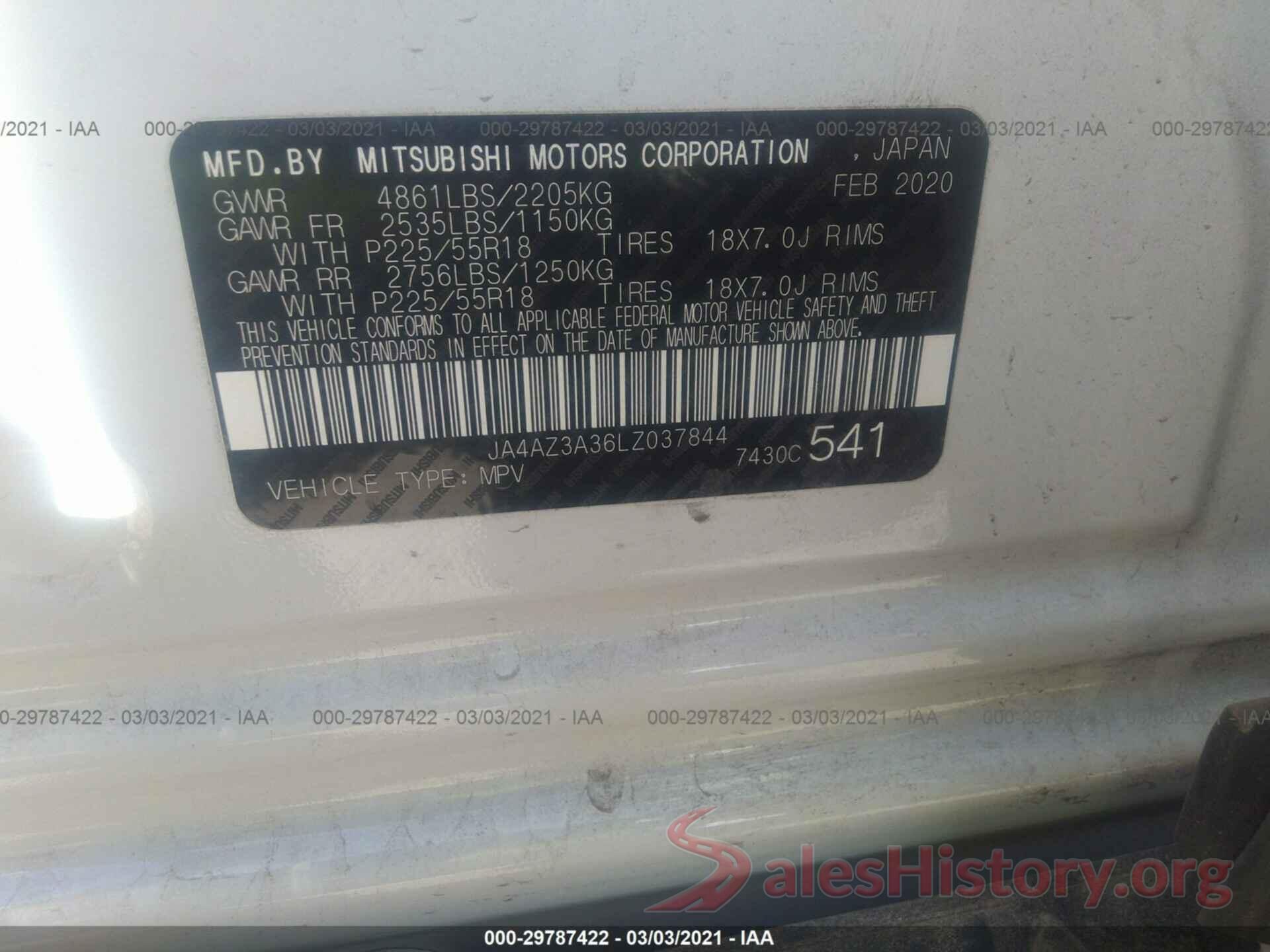 JA4AZ3A36LZ037844 2020 MITSUBISHI OUTLANDER