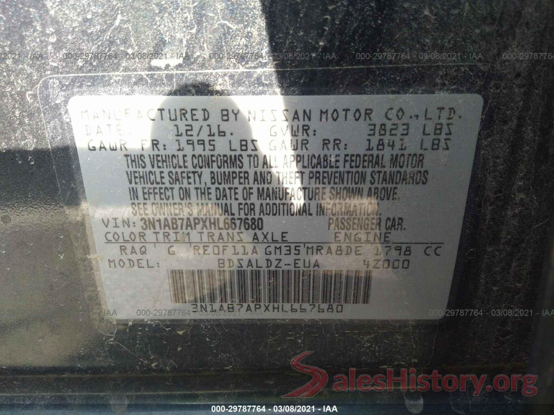 3N1AB7APXHL667680 2017 NISSAN SENTRA