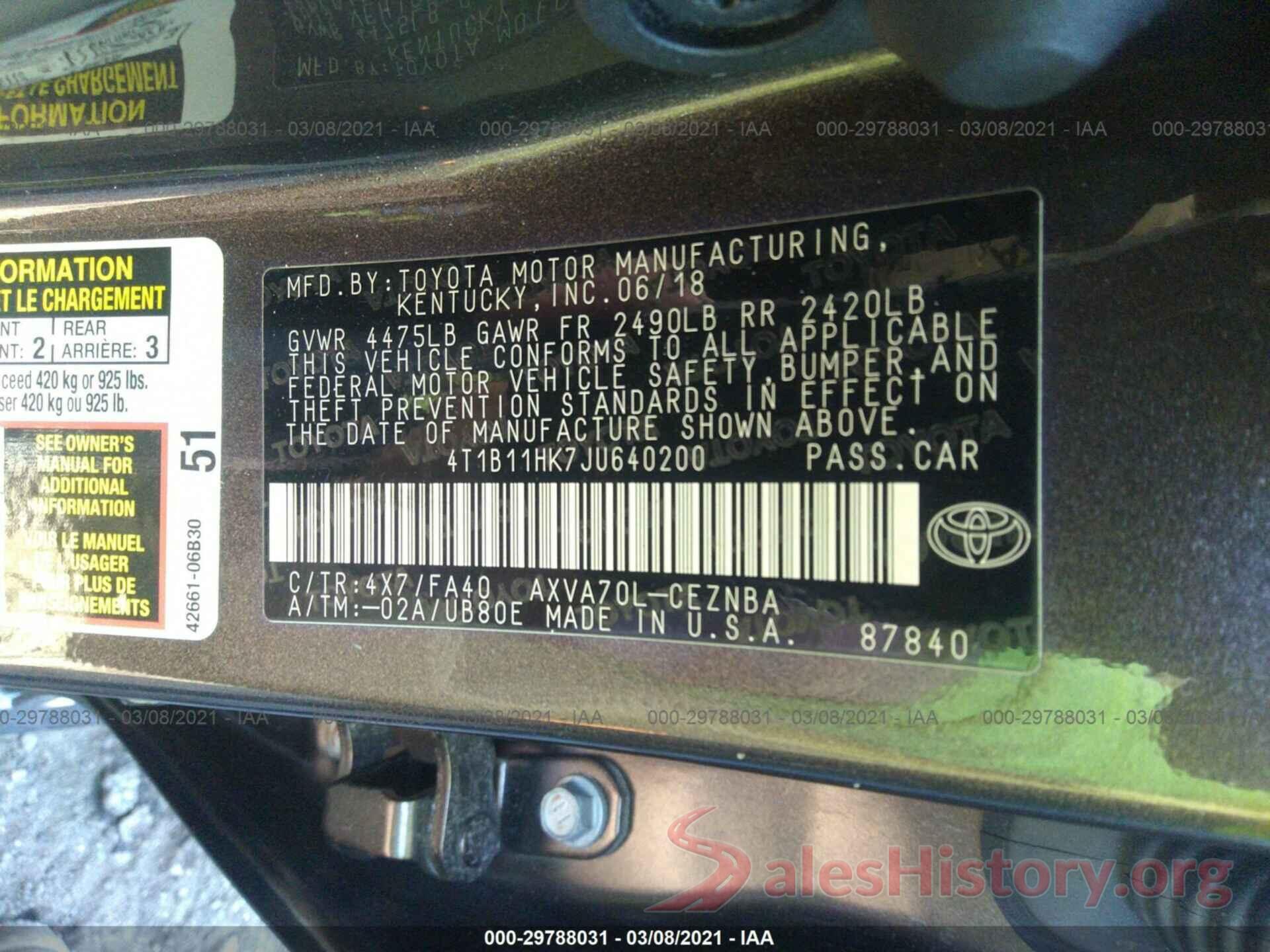 4T1B11HK7JU640200 2018 TOYOTA CAMRY