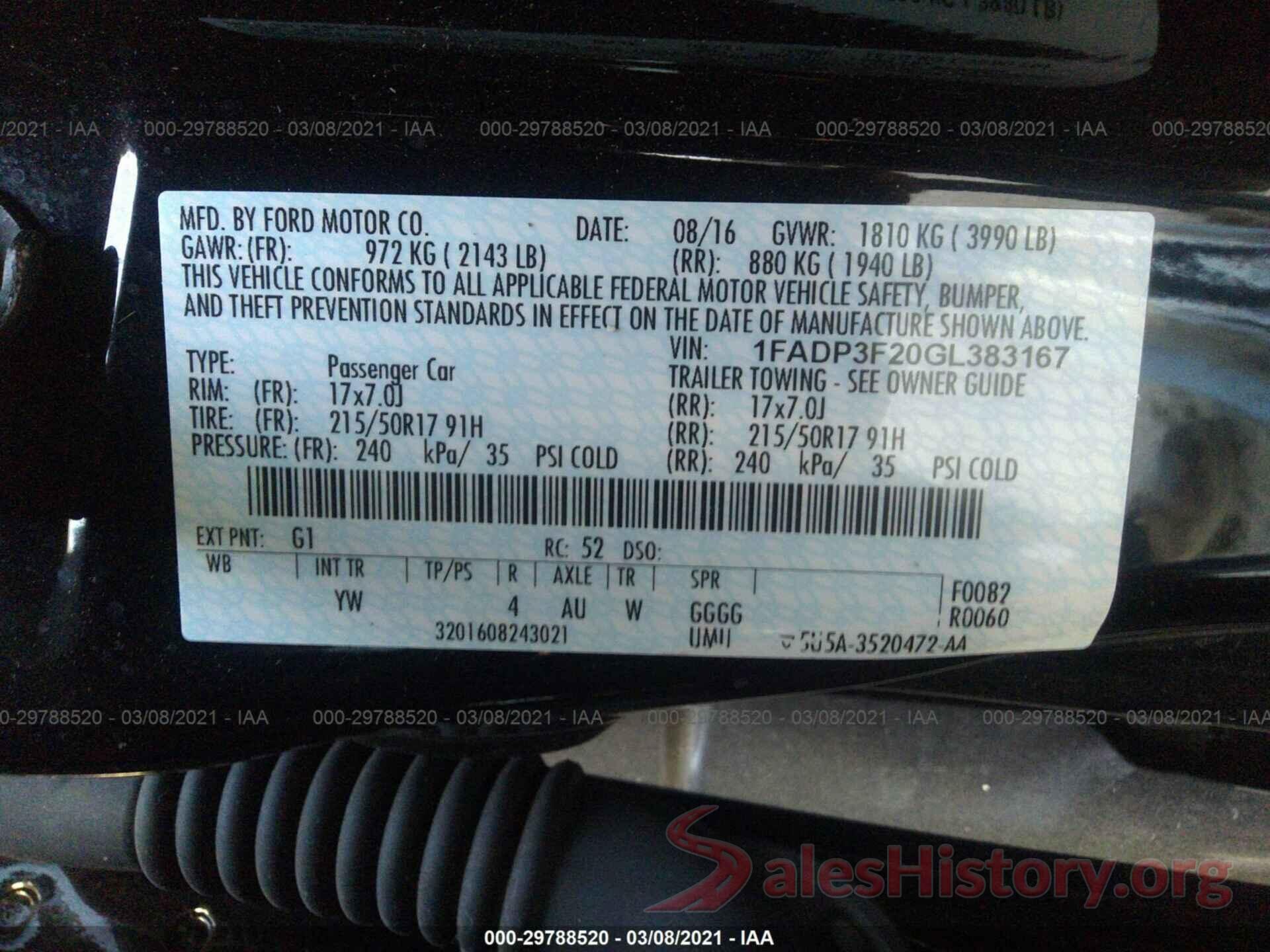 1FADP3F20GL383167 2016 FORD FOCUS