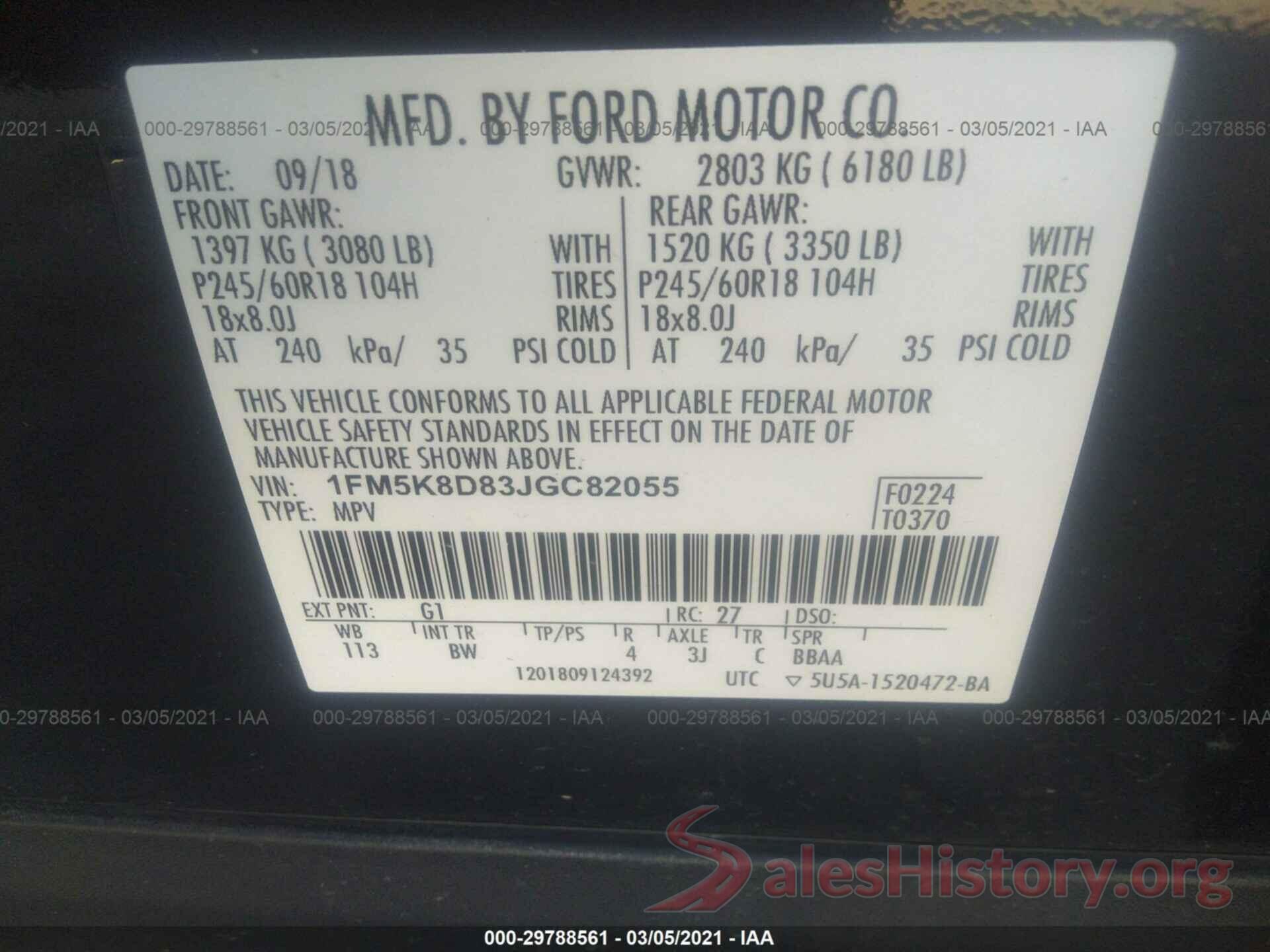 1FM5K8D83JGC82055 2018 FORD EXPLORER