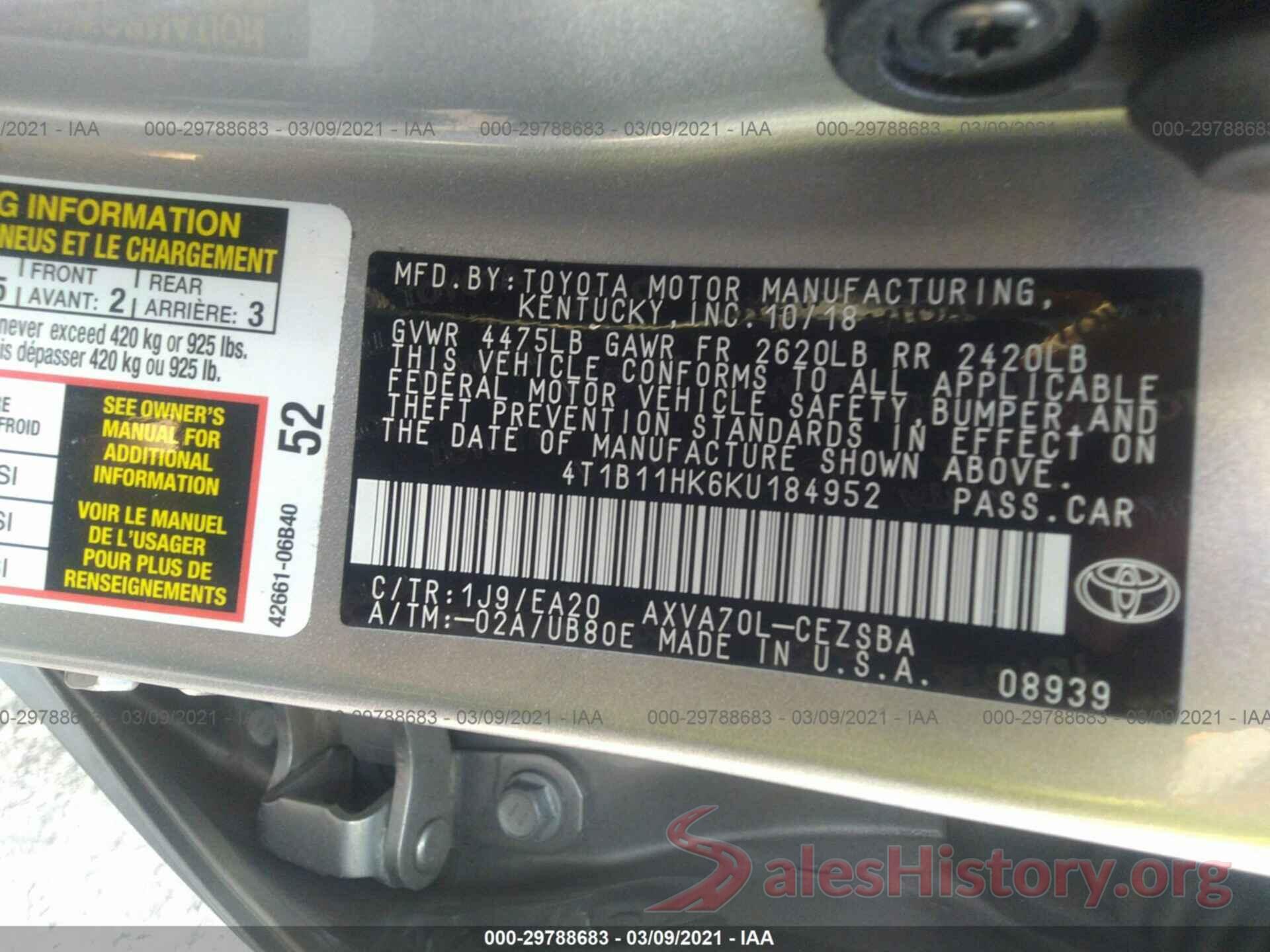 4T1B11HK6KU184952 2019 TOYOTA CAMRY