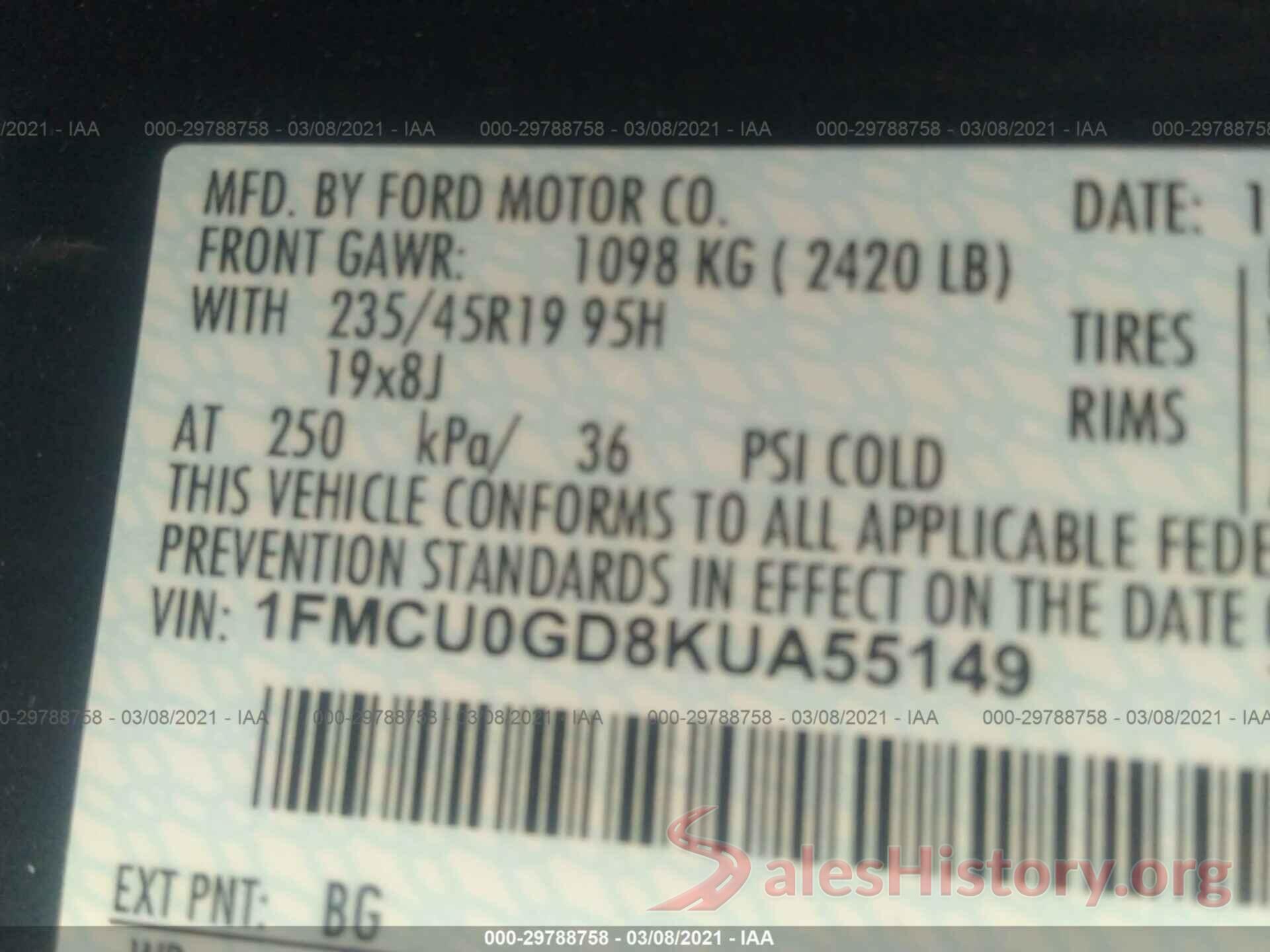 1FMCU0GD8KUA55149 2019 FORD ESCAPE