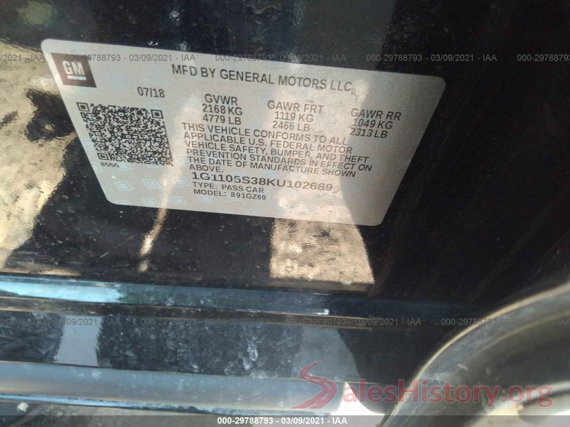 1G1105S38KU102689 2019 CHEVROLET IMPALA