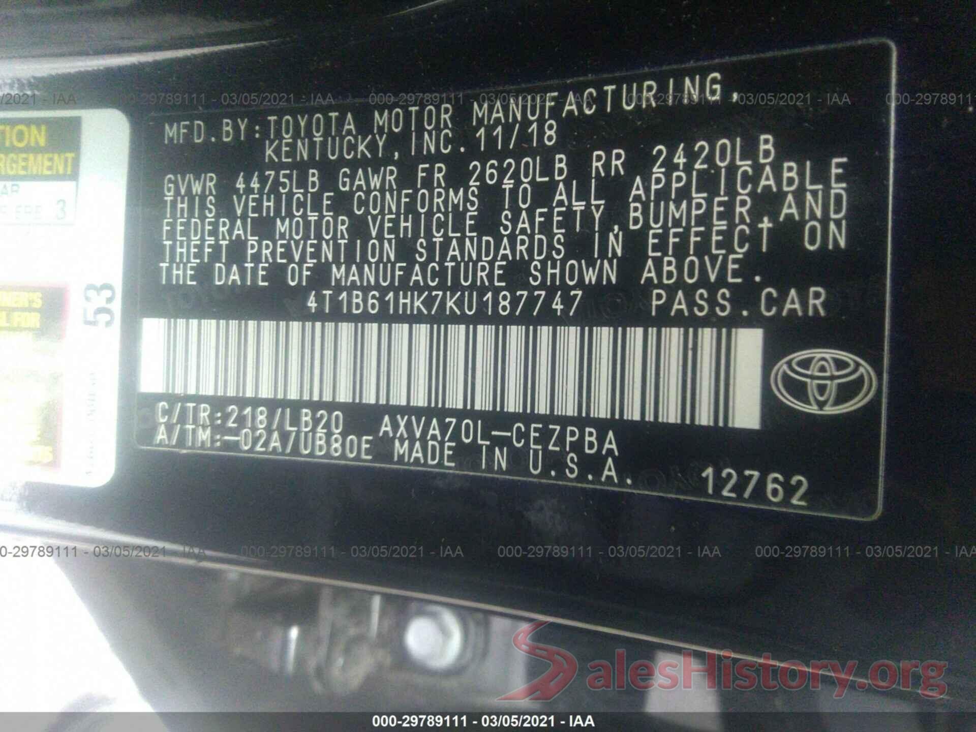 4T1B61HK7KU187747 2019 TOYOTA CAMRY