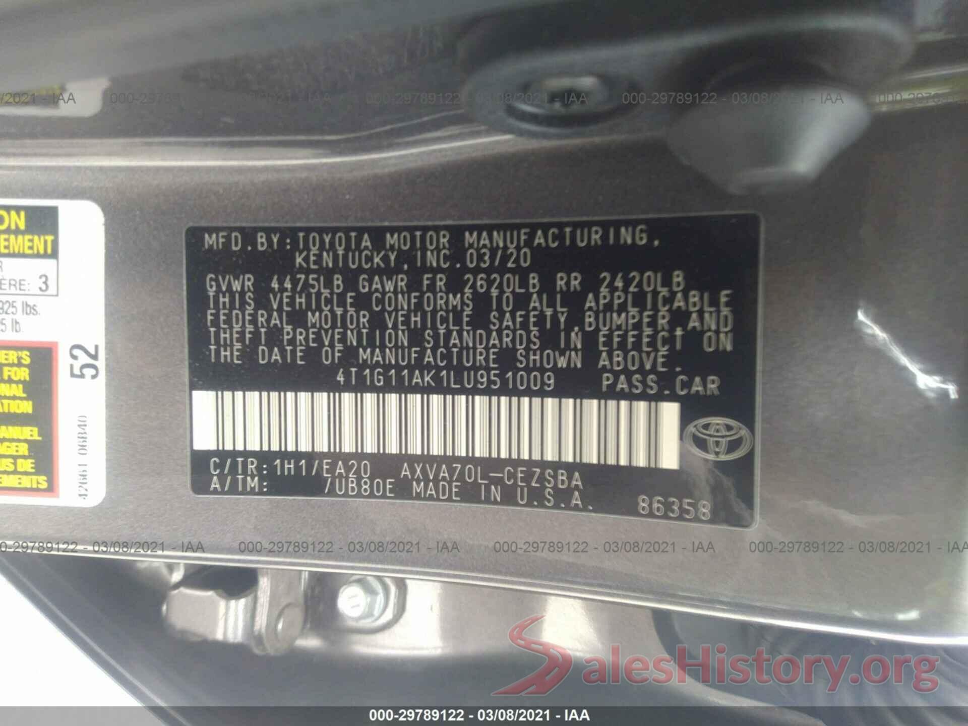 4T1G11AK1LU951009 2020 TOYOTA CAMRY