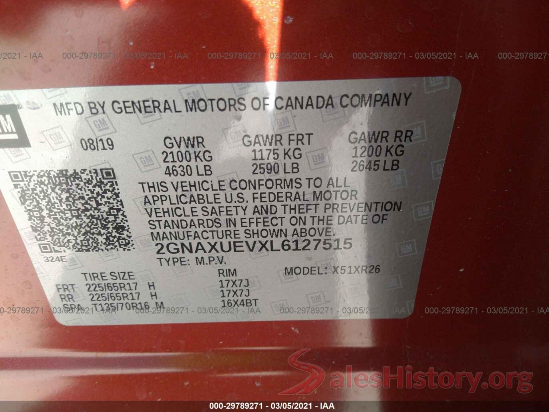 2GNAXUEVXL6127515 2020 CHEVROLET EQUINOX