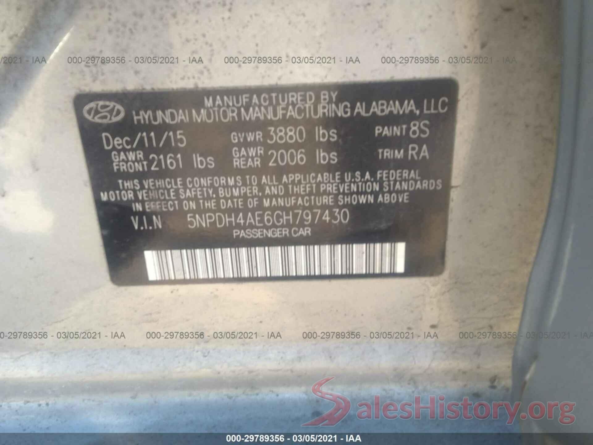 5NPDH4AE6GH797430 2016 HYUNDAI ELANTRA