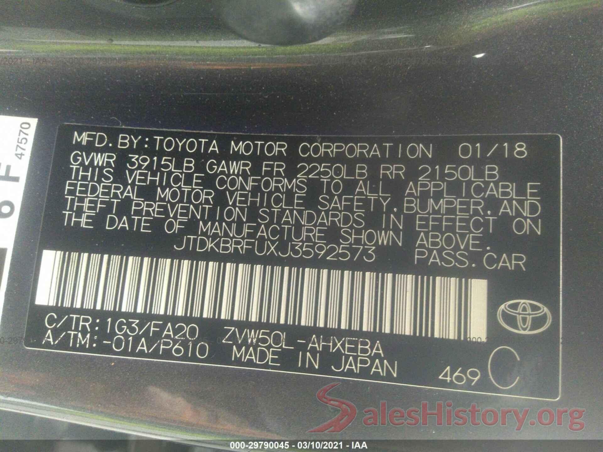 JTDKBRFUXJ3592573 2018 TOYOTA PRIUS