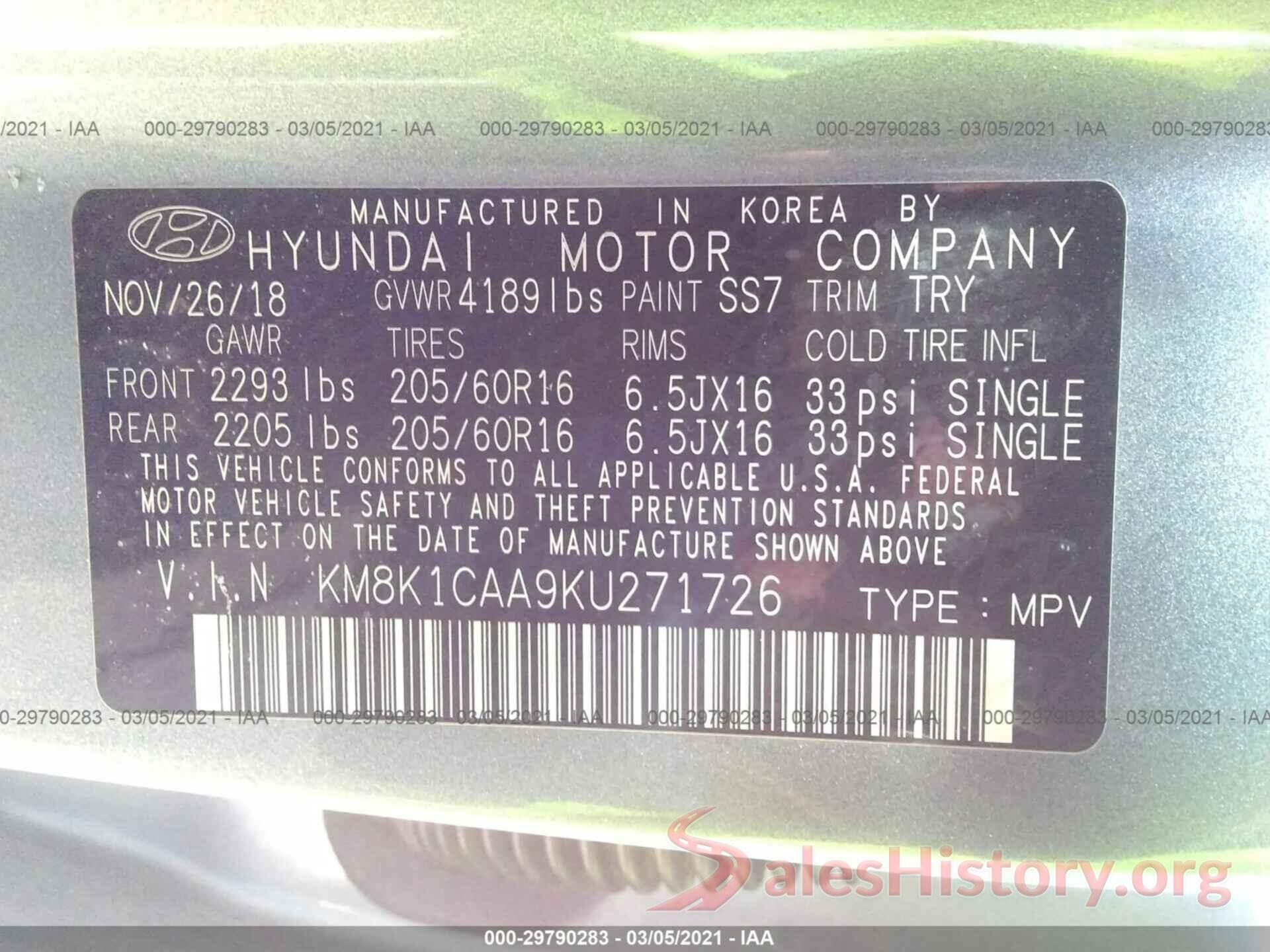 KM8K1CAA9KU271726 2019 HYUNDAI KONA