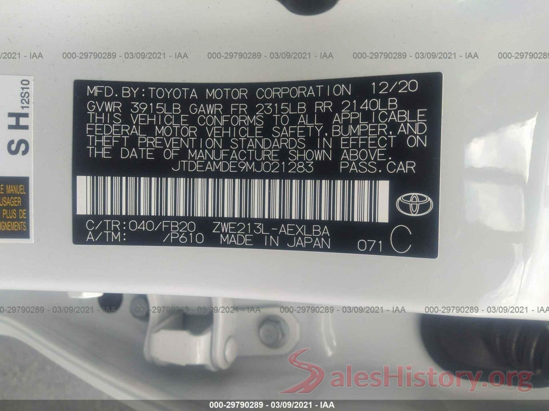 JTDEAMDE9MJ021283 2021 TOYOTA COROLLA