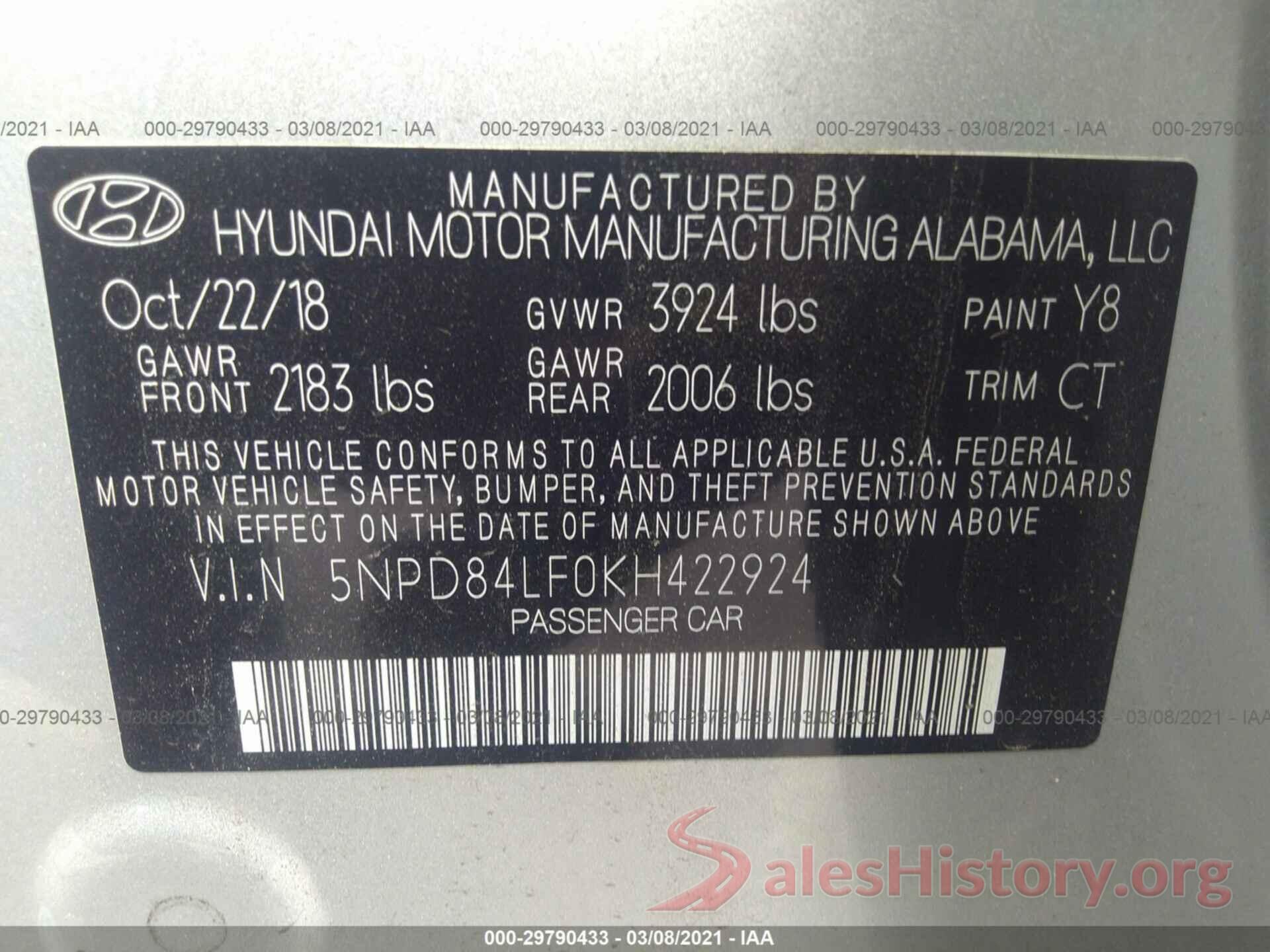 5NPD84LF0KH422924 2019 HYUNDAI ELANTRA