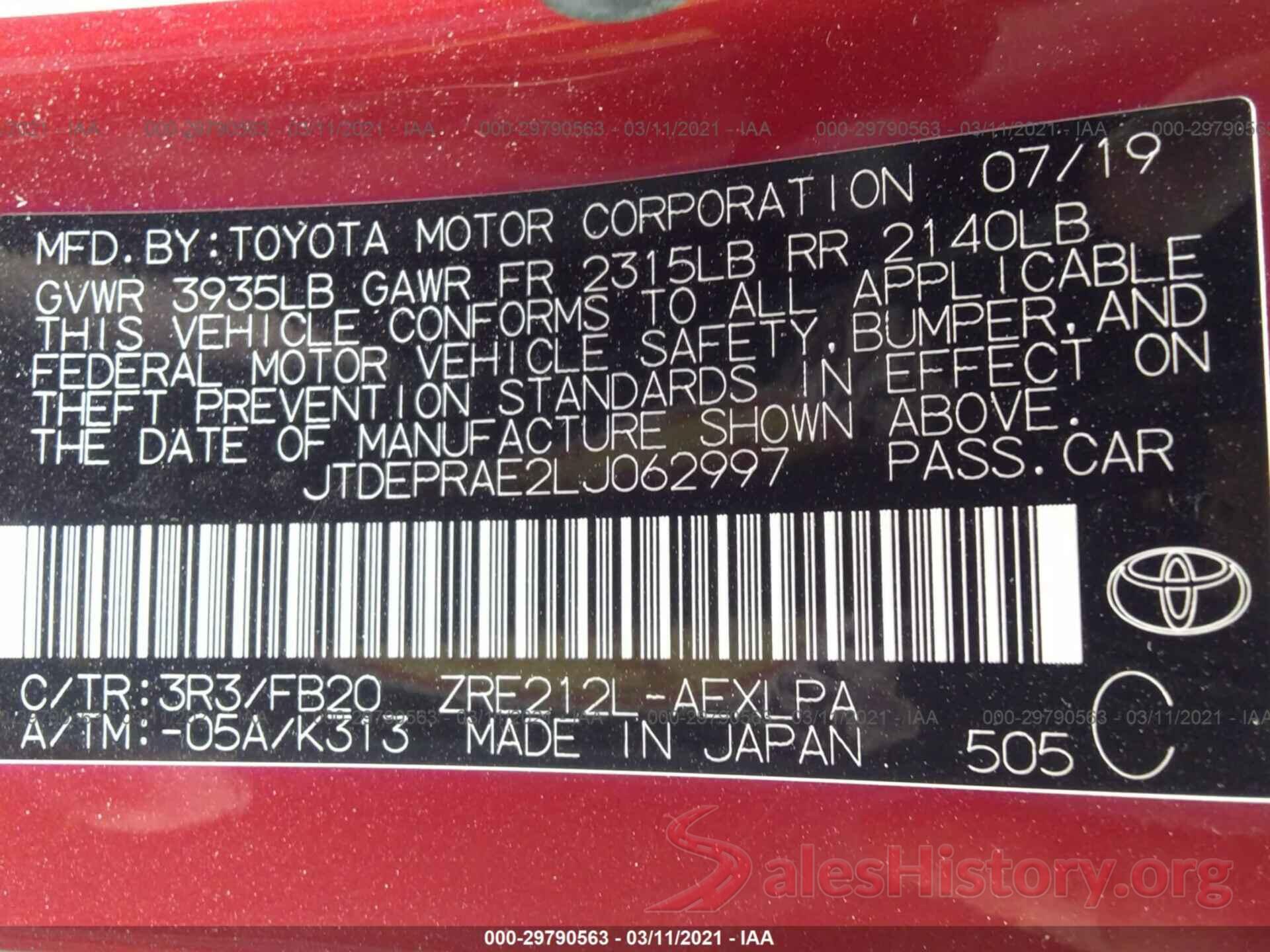 JTDEPRAE2LJ062997 2020 TOYOTA COROLLA