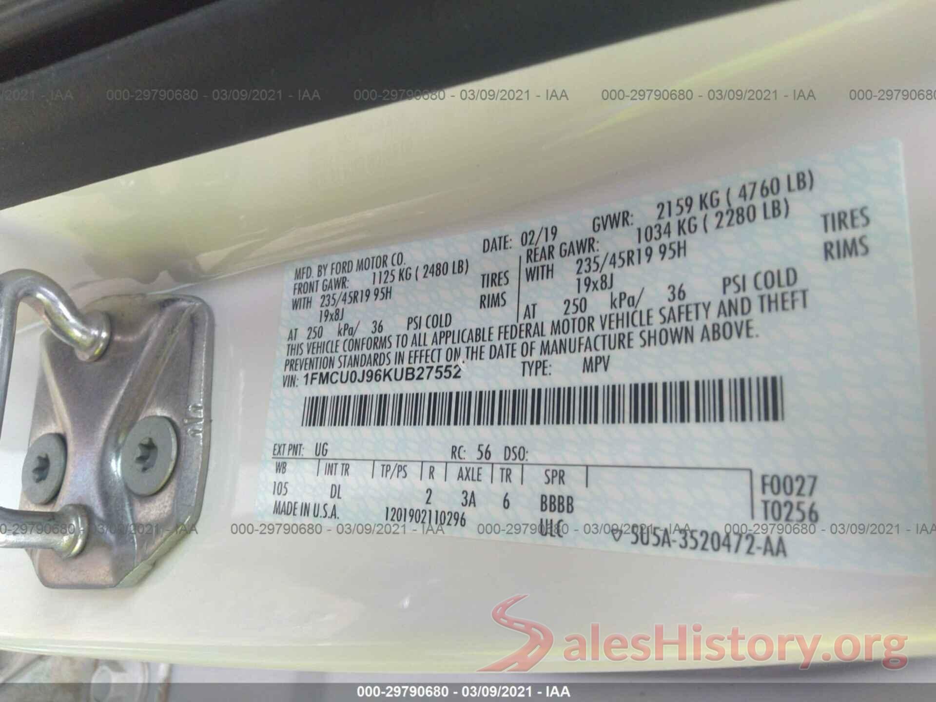 1FMCU0J96KUB27552 2019 FORD ESCAPE