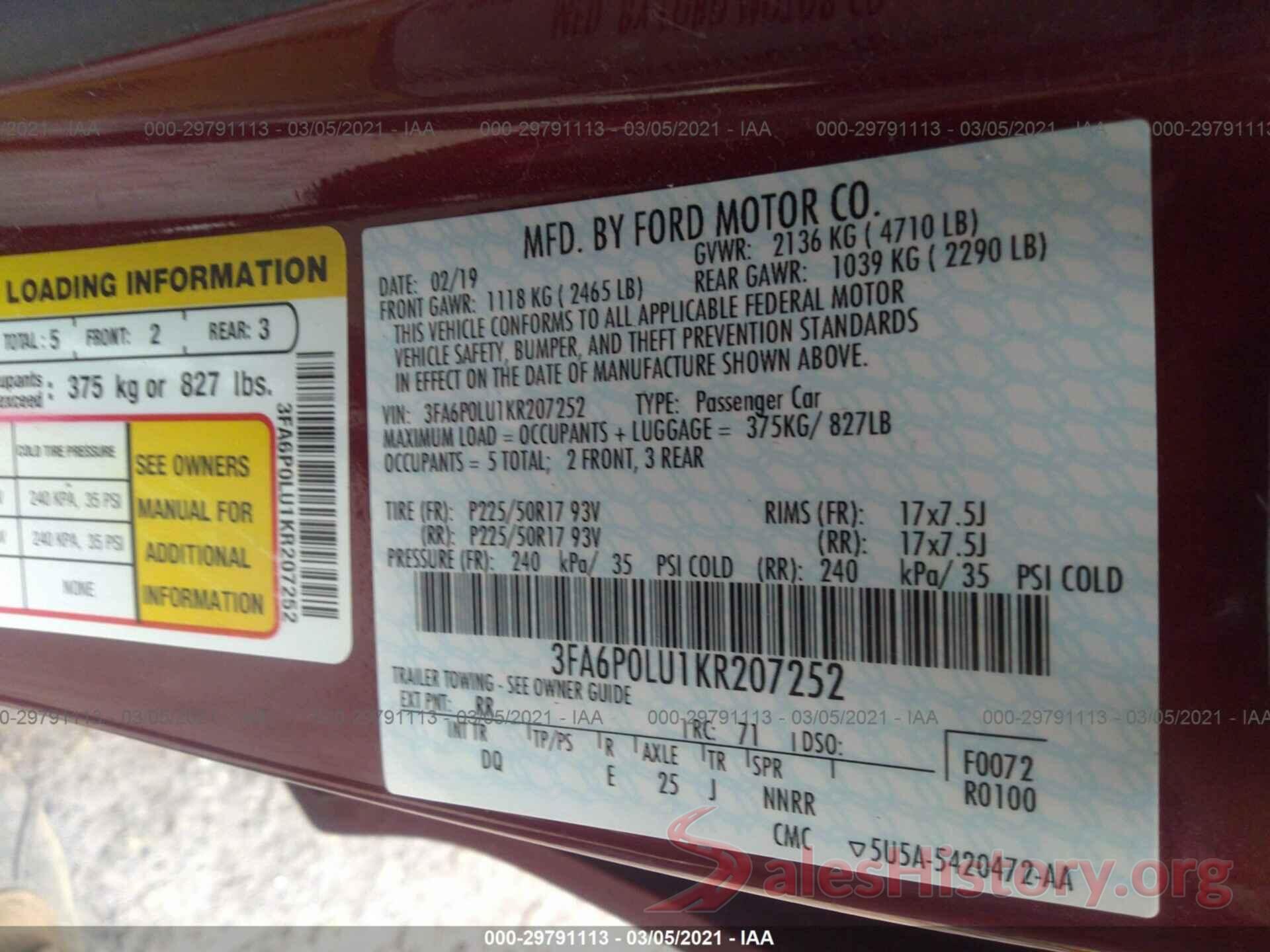 3FA6P0LU1KR207252 2019 FORD FUSION HYBRID