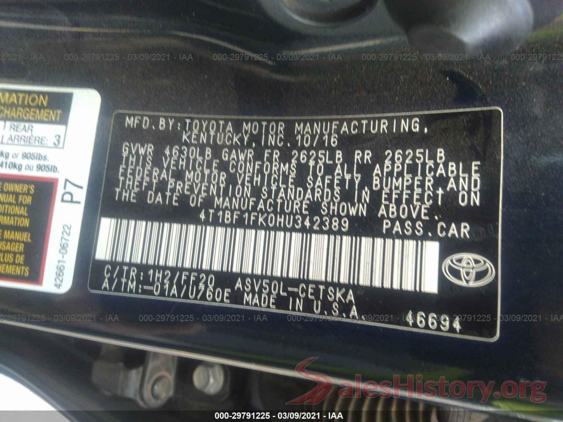 4T1BF1FK0HU342389 2017 TOYOTA CAMRY