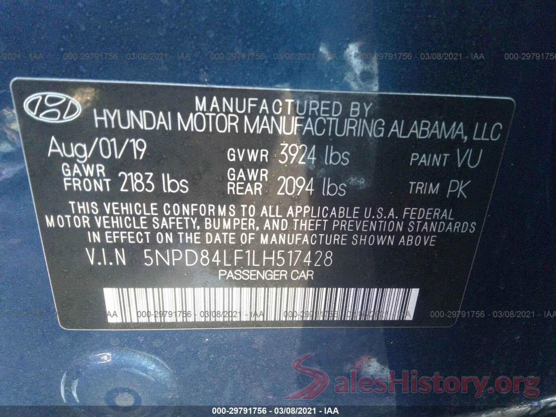 5NPD84LF1LH517428 2020 HYUNDAI ELANTRA