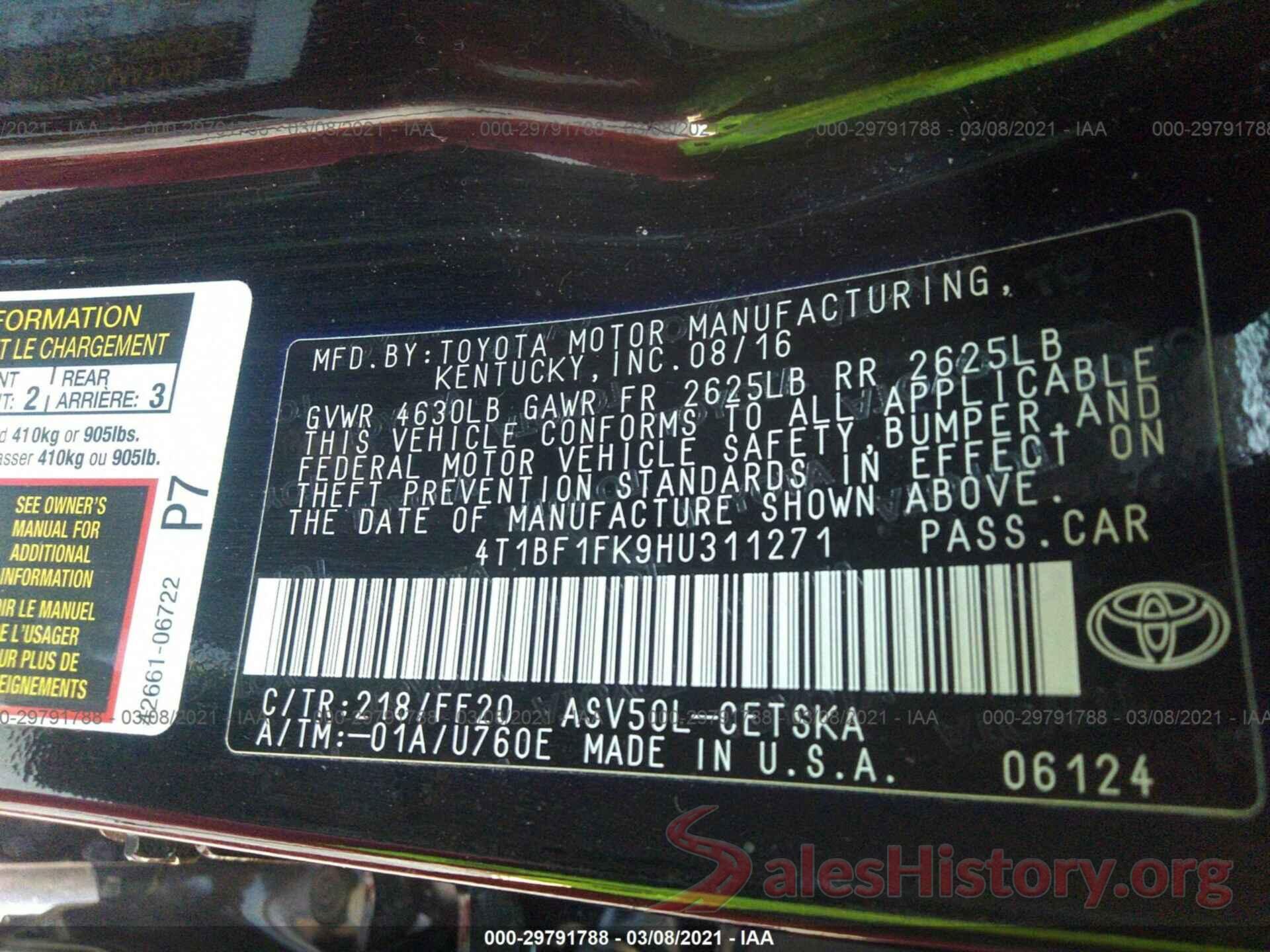 4T1BF1FK9HU311271 2017 TOYOTA CAMRY