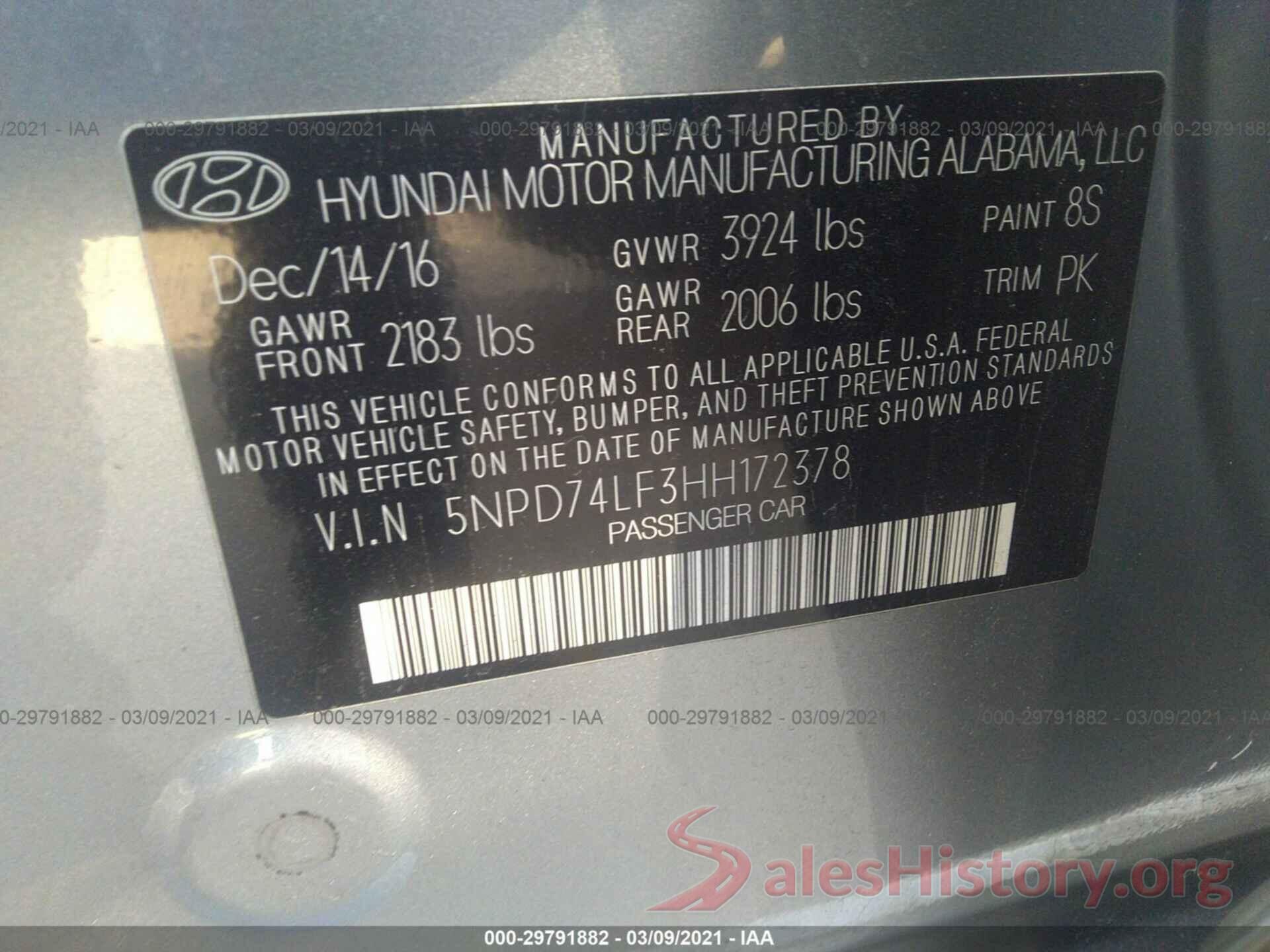 5NPD74LF3HH172378 2017 HYUNDAI ELANTRA