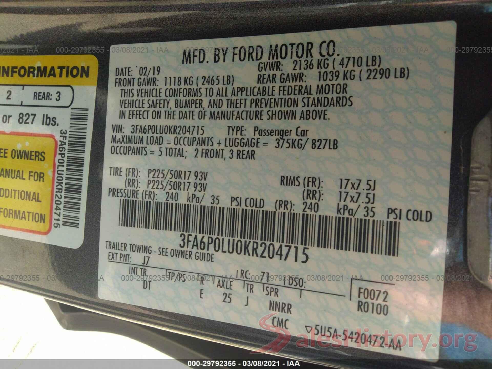 3FA6P0LU0KR204715 2019 FORD FUSION HYBRID