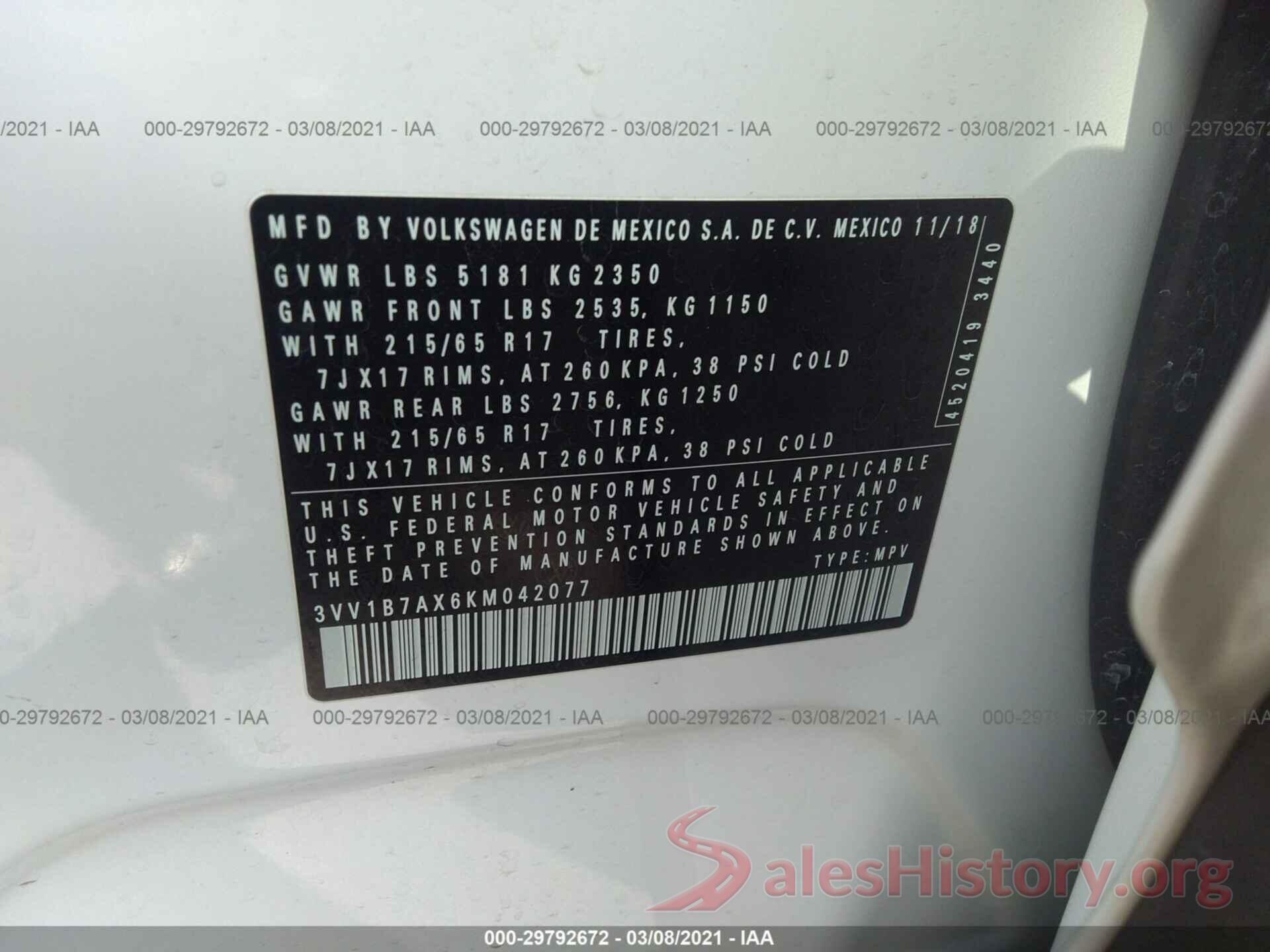 3VV1B7AX6KM042077 2019 VOLKSWAGEN TIGUAN