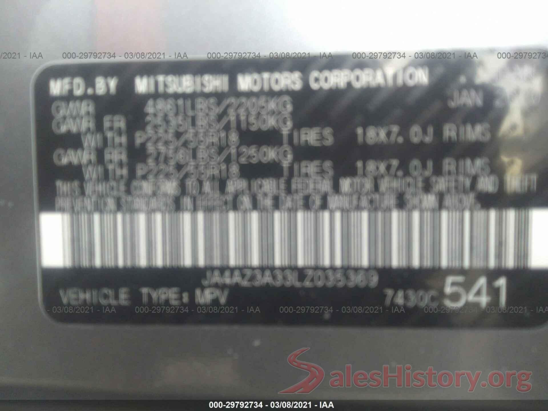 JA4AZ3A33LZ035369 2020 MITSUBISHI OUTLANDER