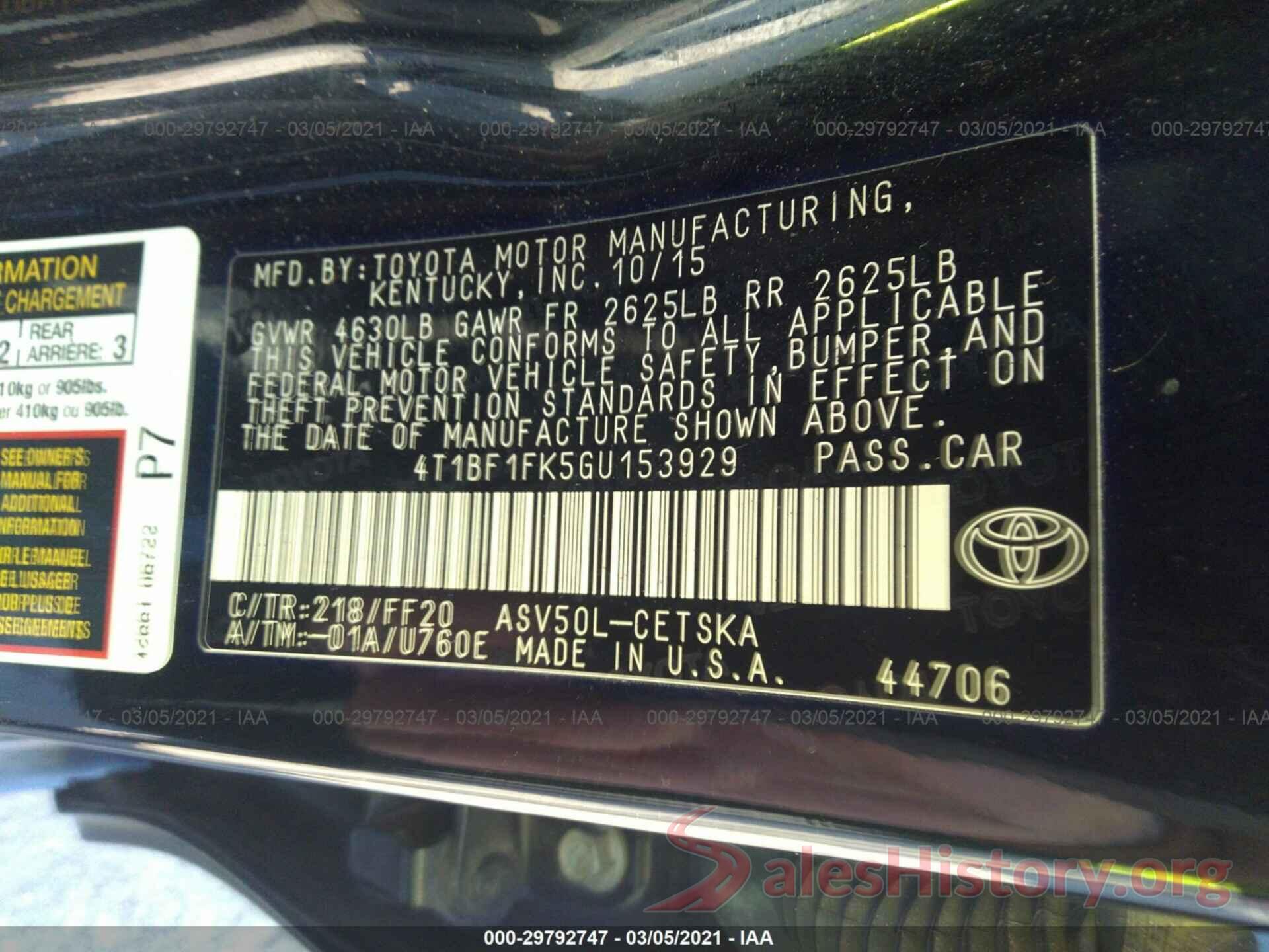 4T1BF1FK5GU153929 2016 TOYOTA CAMRY