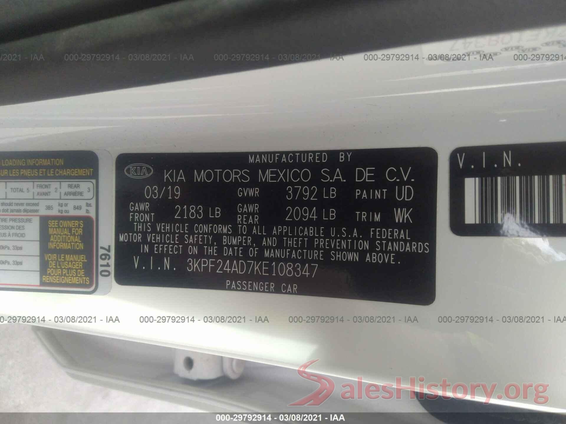 3KPF24AD7KE108347 2019 KIA FORTE