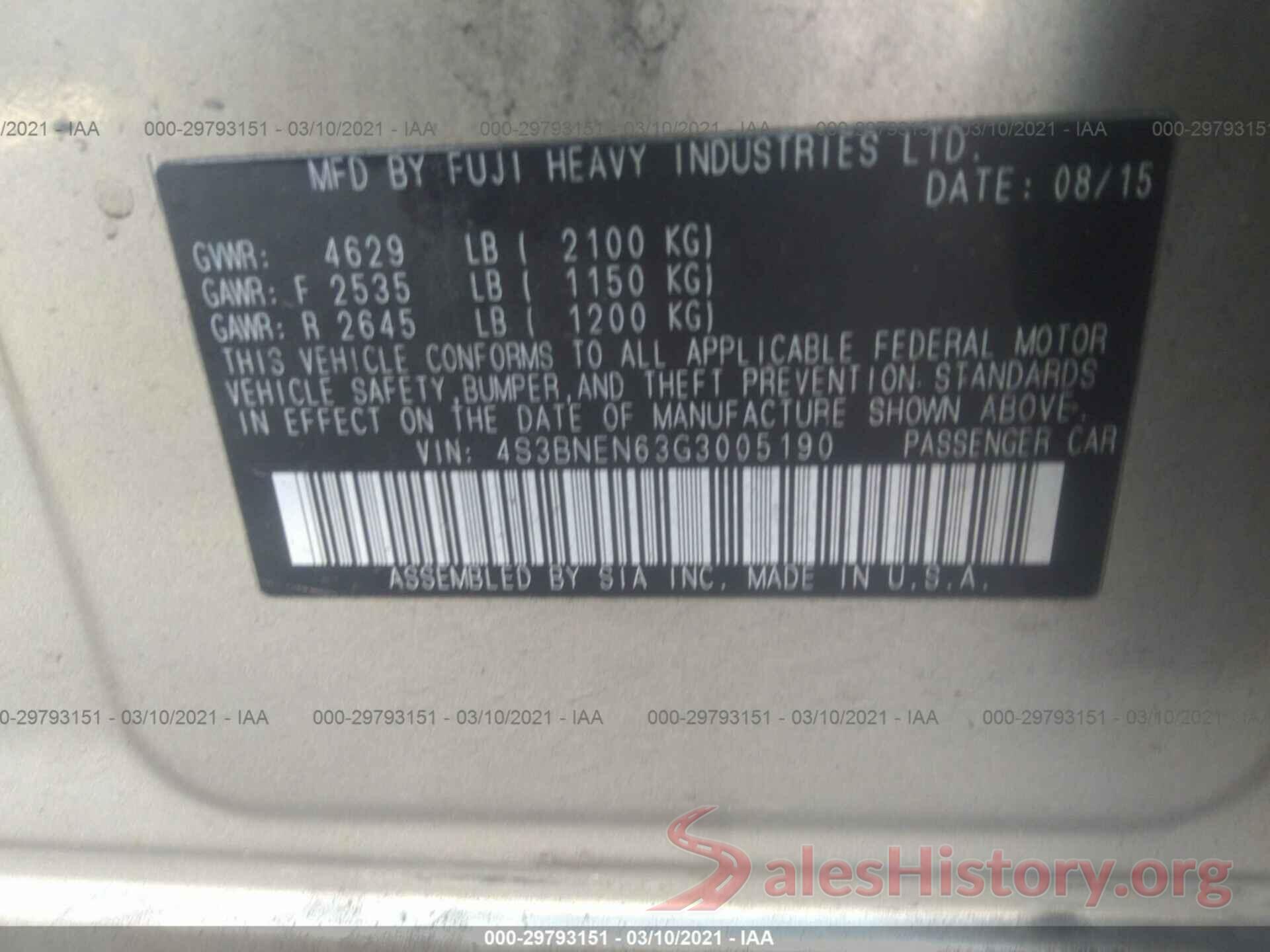 4S3BNEN63G3005190 2016 SUBARU LEGACY