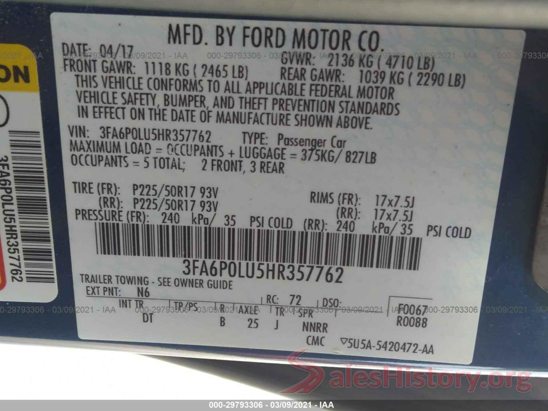 3FA6P0LU5HR357762 2017 FORD FUSION