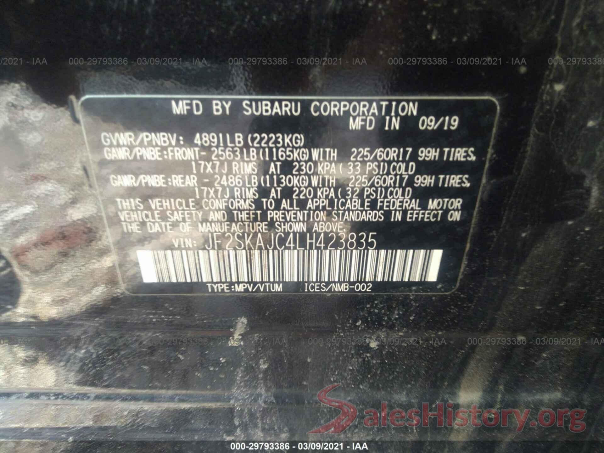 JF2SKAJC4LH423835 2020 SUBARU FORESTER