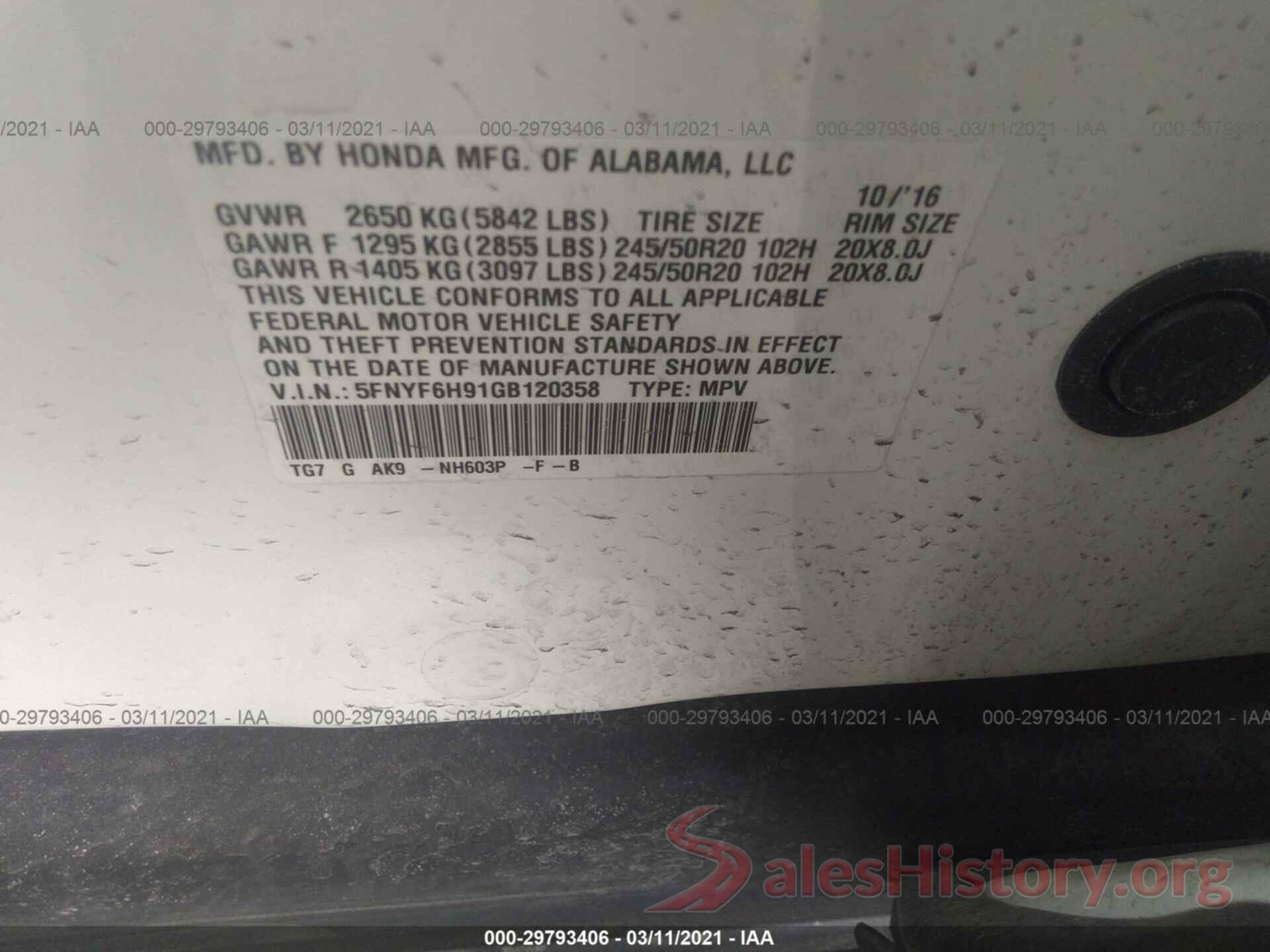 5FNYF6H91GB120358 2016 HONDA PILOT