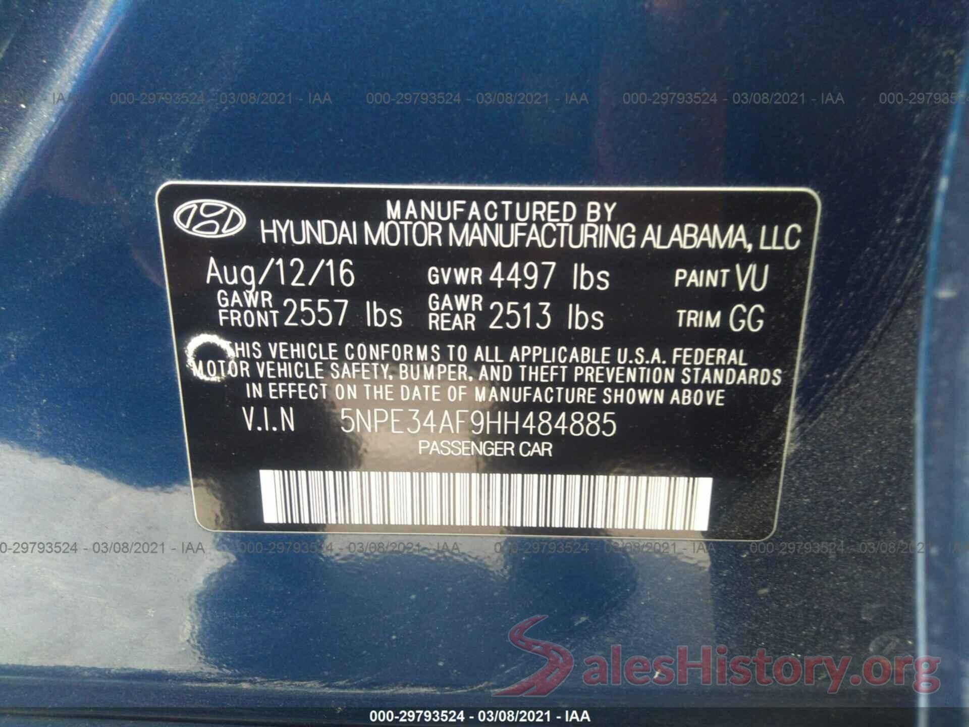 5NPE34AF9HH484885 2017 HYUNDAI SONATA