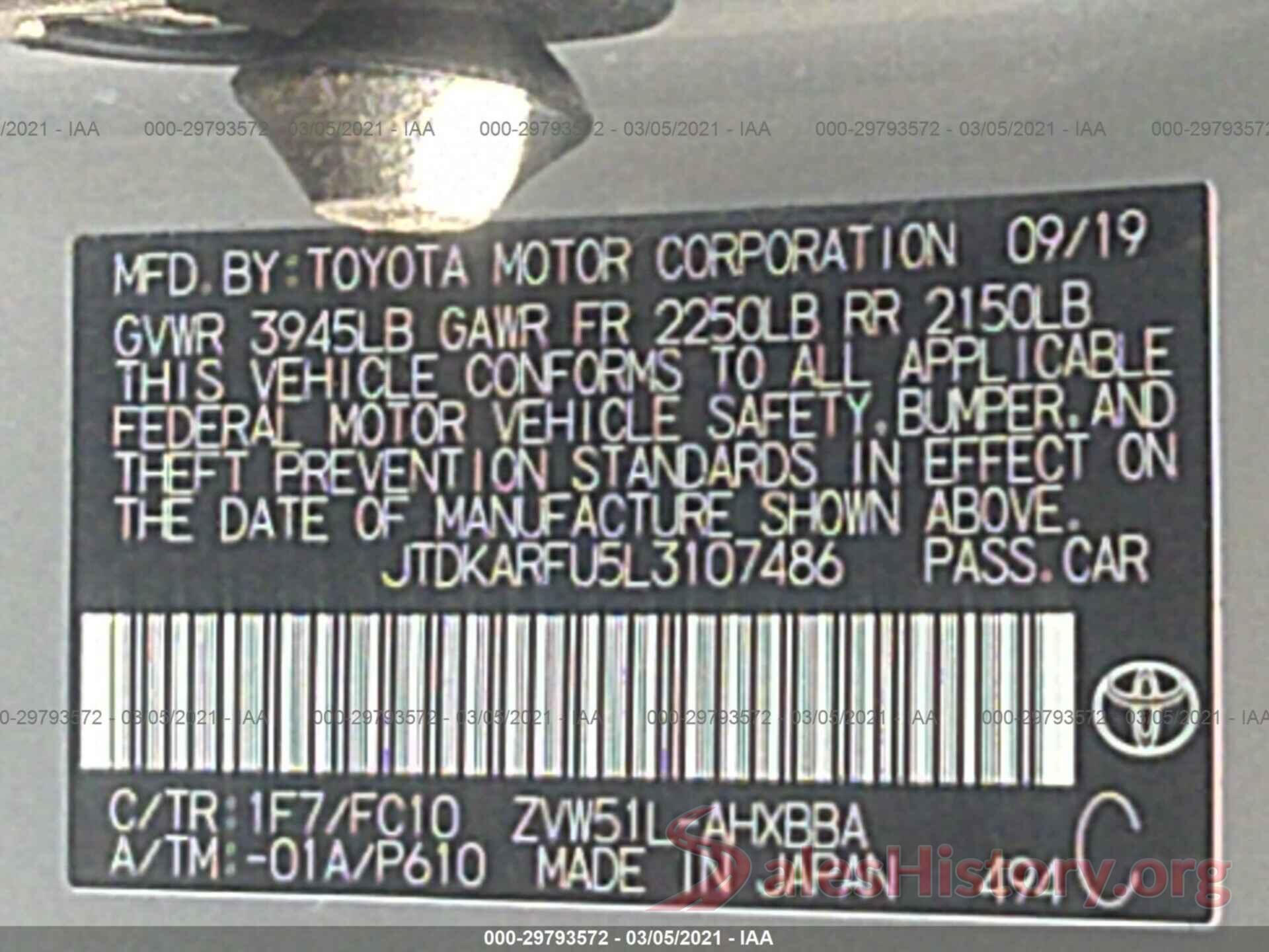 JTDKARFU5L3107486 2020 TOYOTA PRIUS