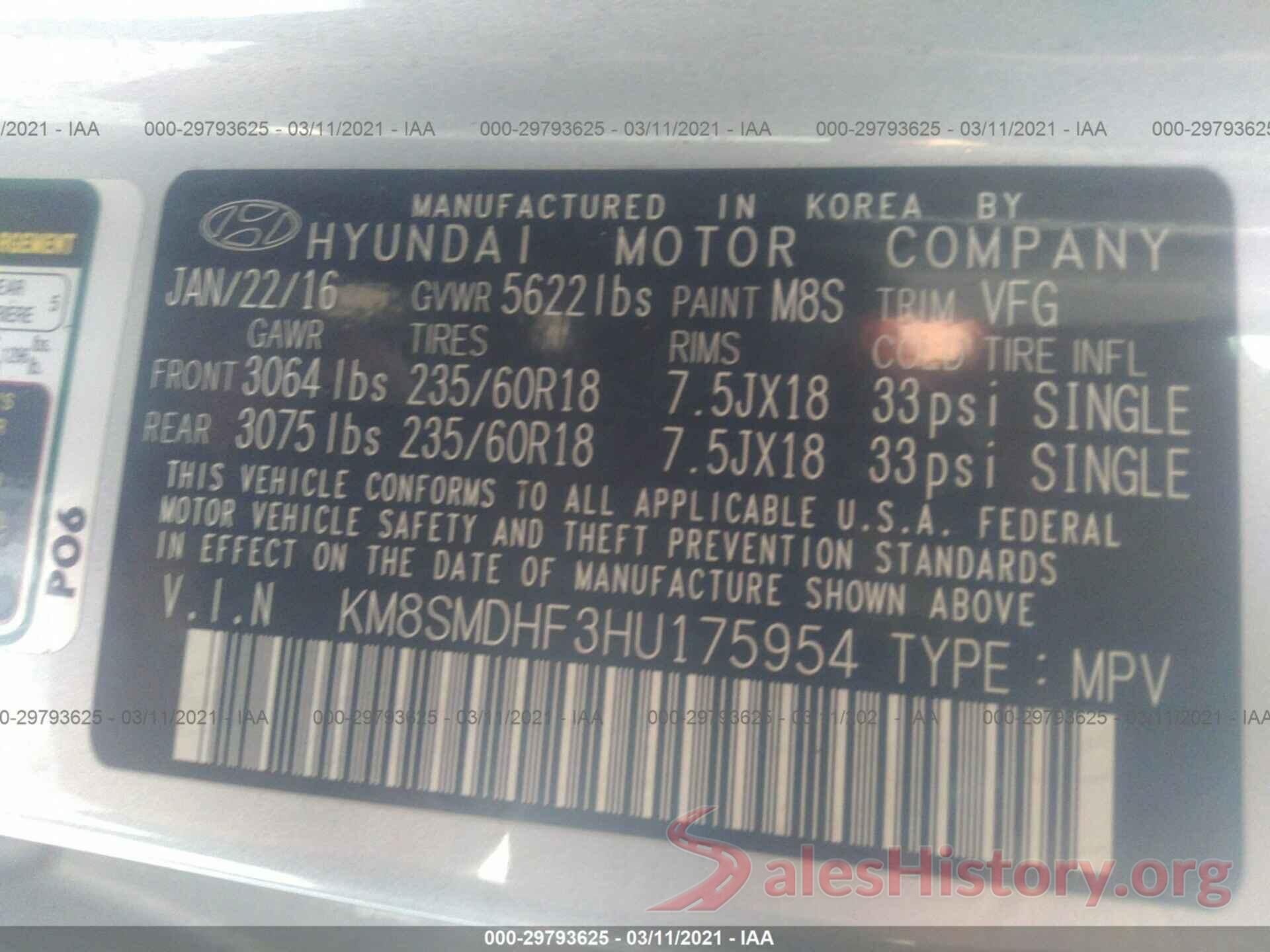 KM8SMDHF3HU175954 2017 HYUNDAI SANTA FE