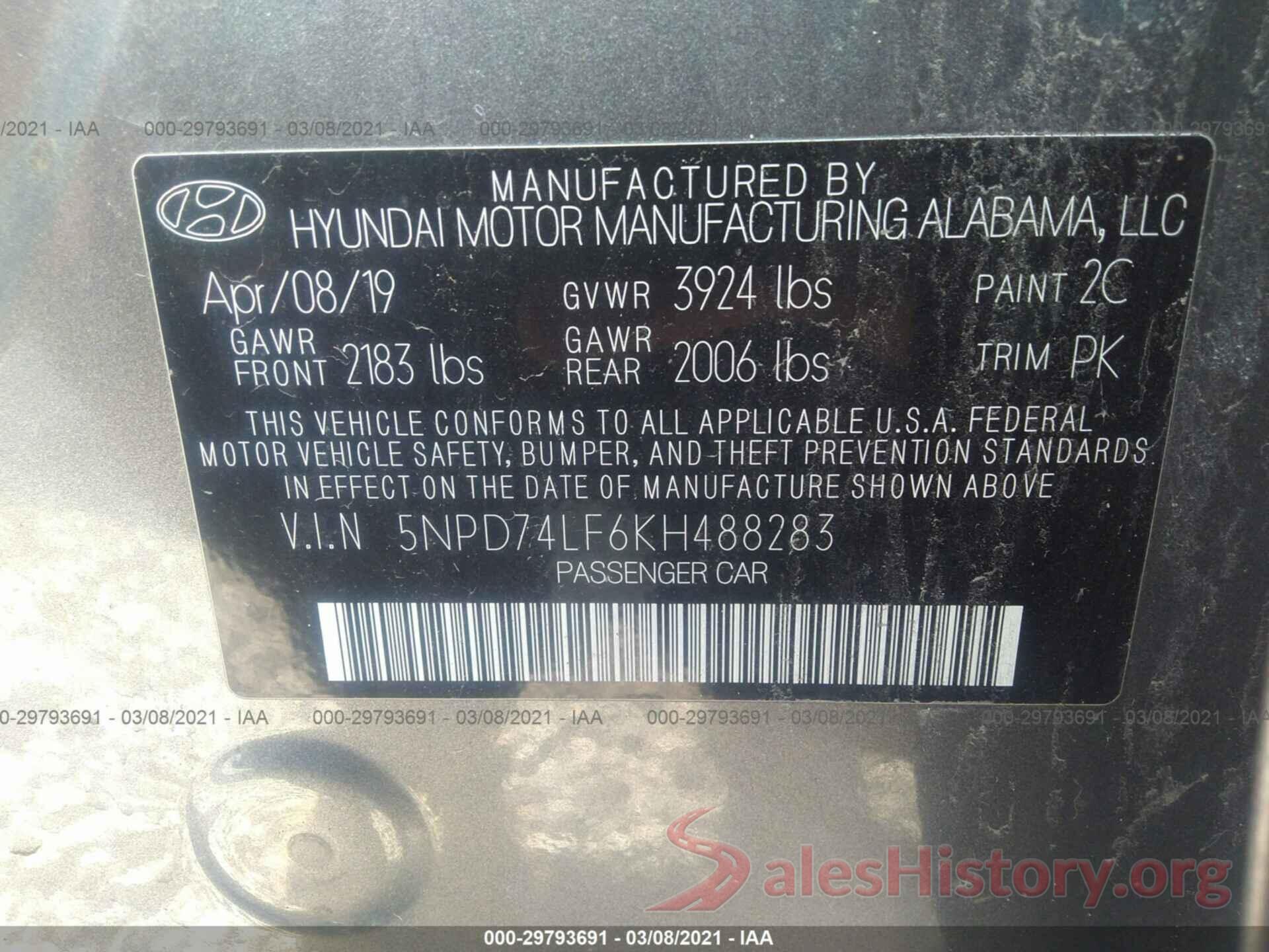 5NPD74LF6KH488283 2019 HYUNDAI ELANTRA