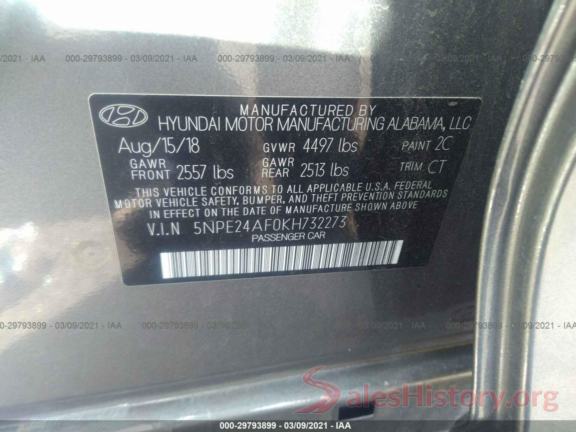 5NPE24AF0KH732273 2019 HYUNDAI SONATA