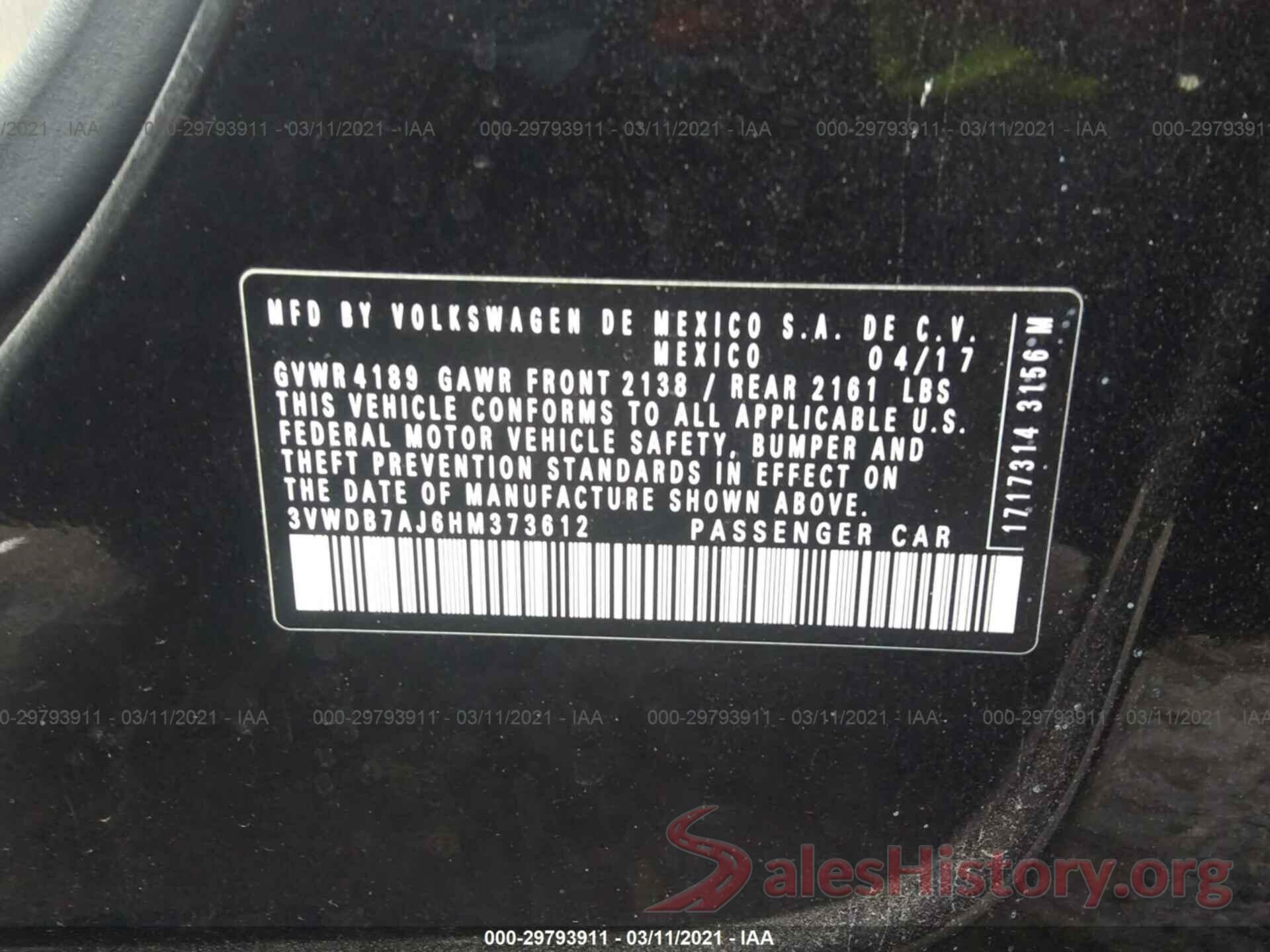 3VWDB7AJ6HM373612 2017 VOLKSWAGEN JETTA