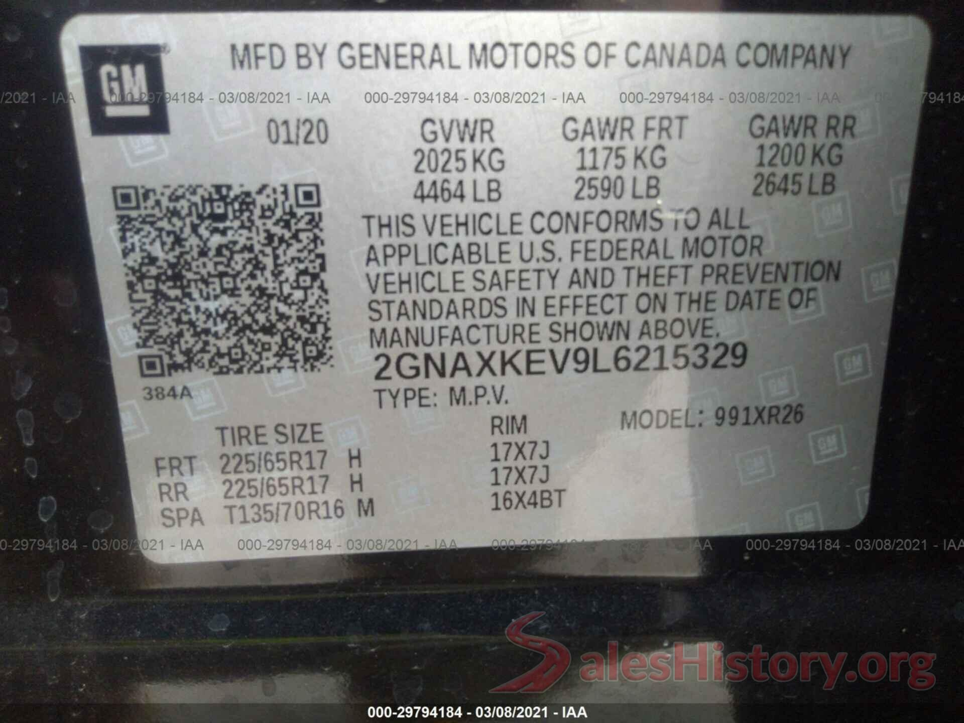 2GNAXKEV9L6215329 2020 CHEVROLET EQUINOX