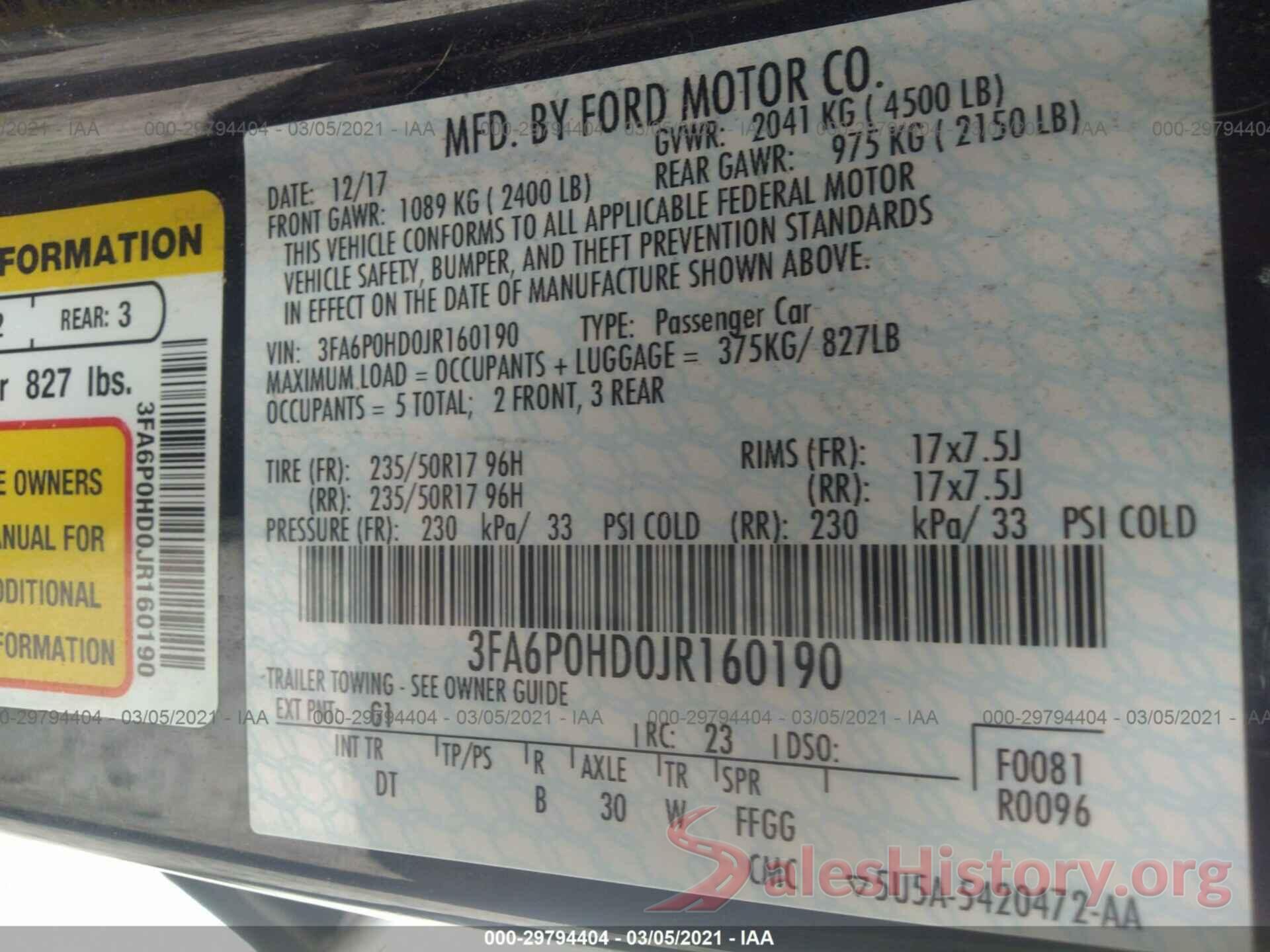 3FA6P0HD0JR160190 2018 FORD FUSION