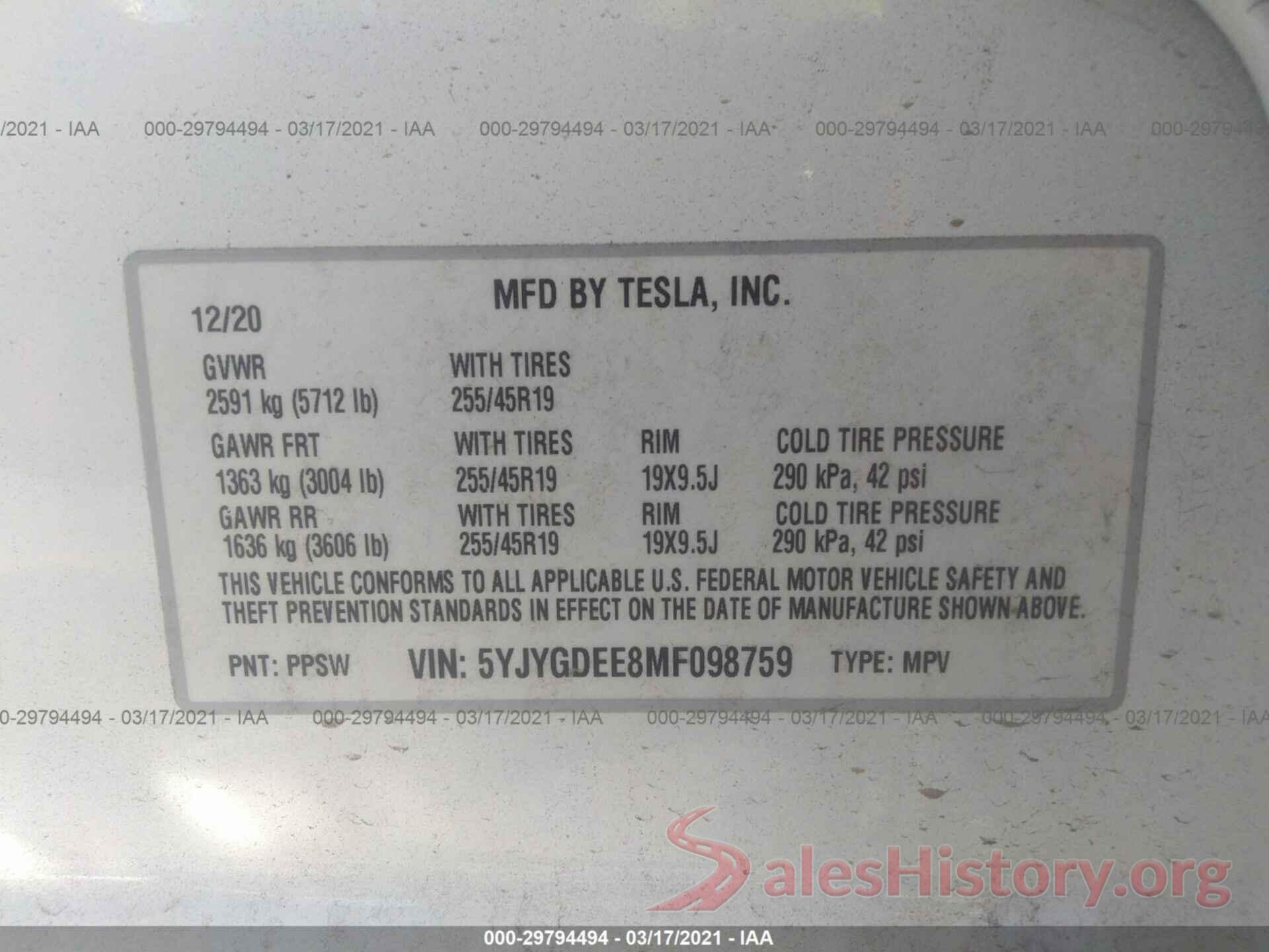 5YJYGDEE8MF098759 2021 TESLA MODEL Y