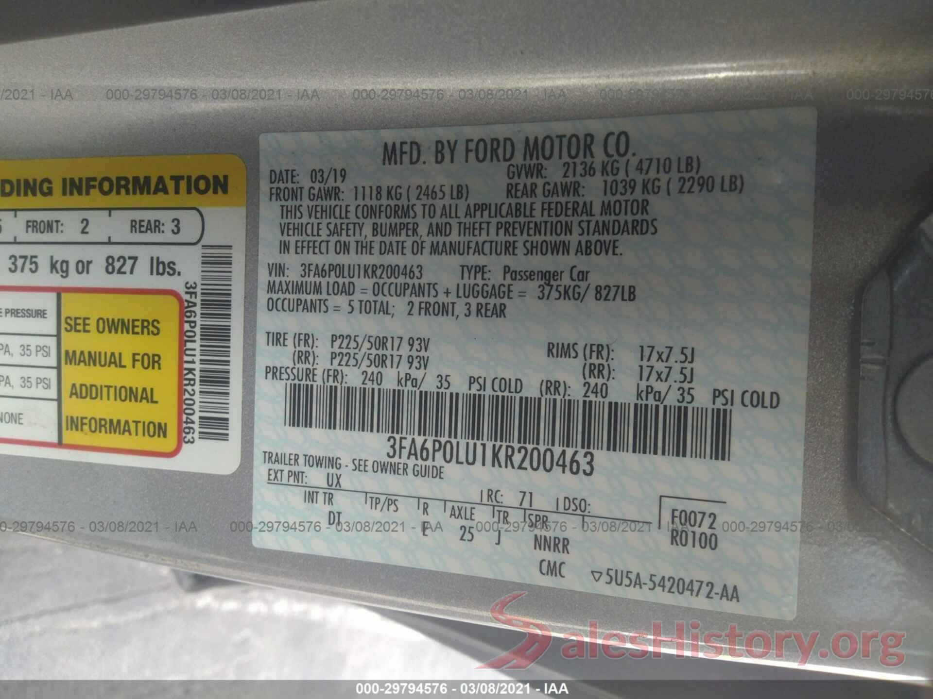 3FA6P0LU1KR200463 2019 FORD FUSION HYBRID