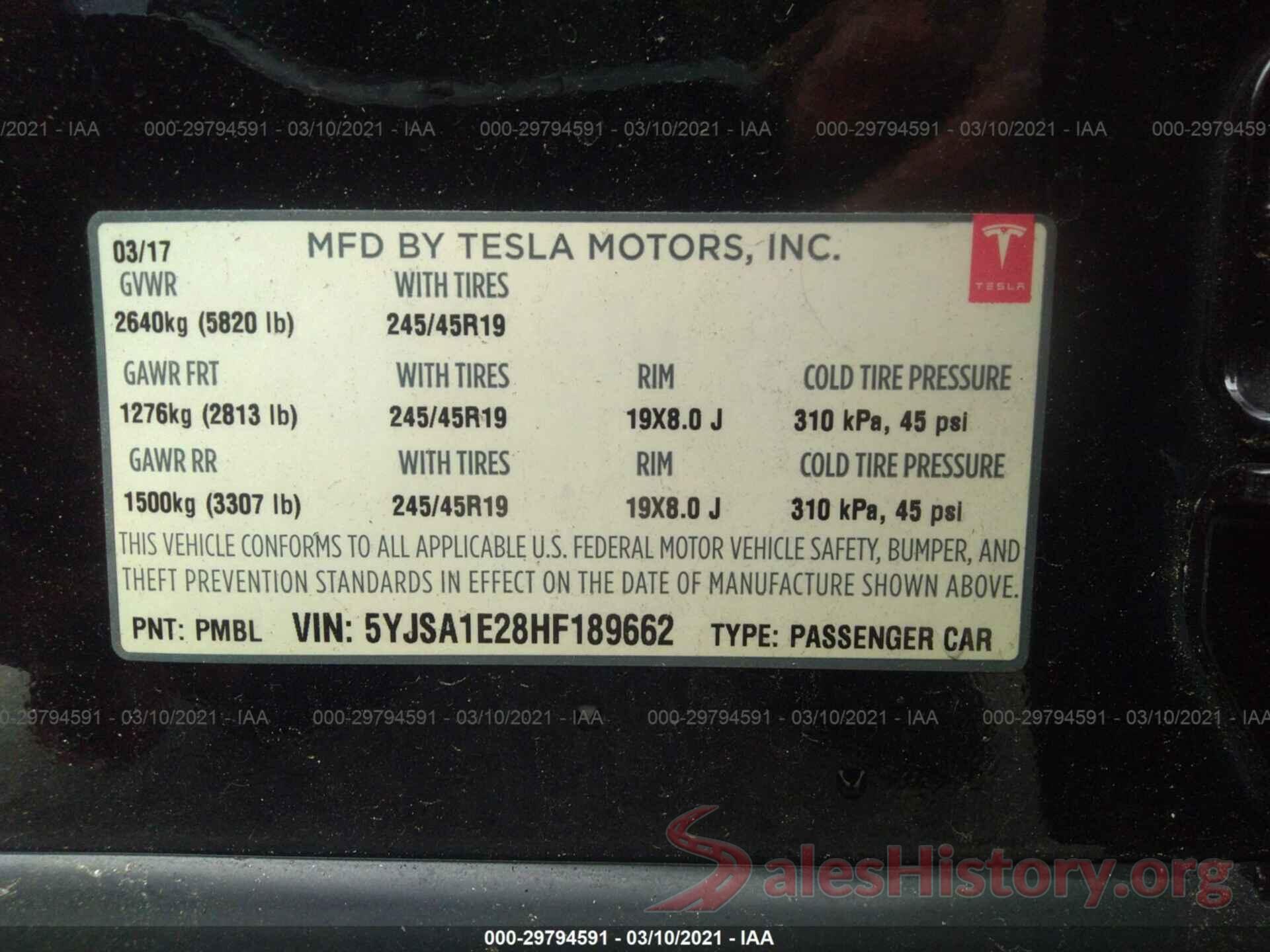 5YJSA1E28HF189662 2017 TESLA MODEL S