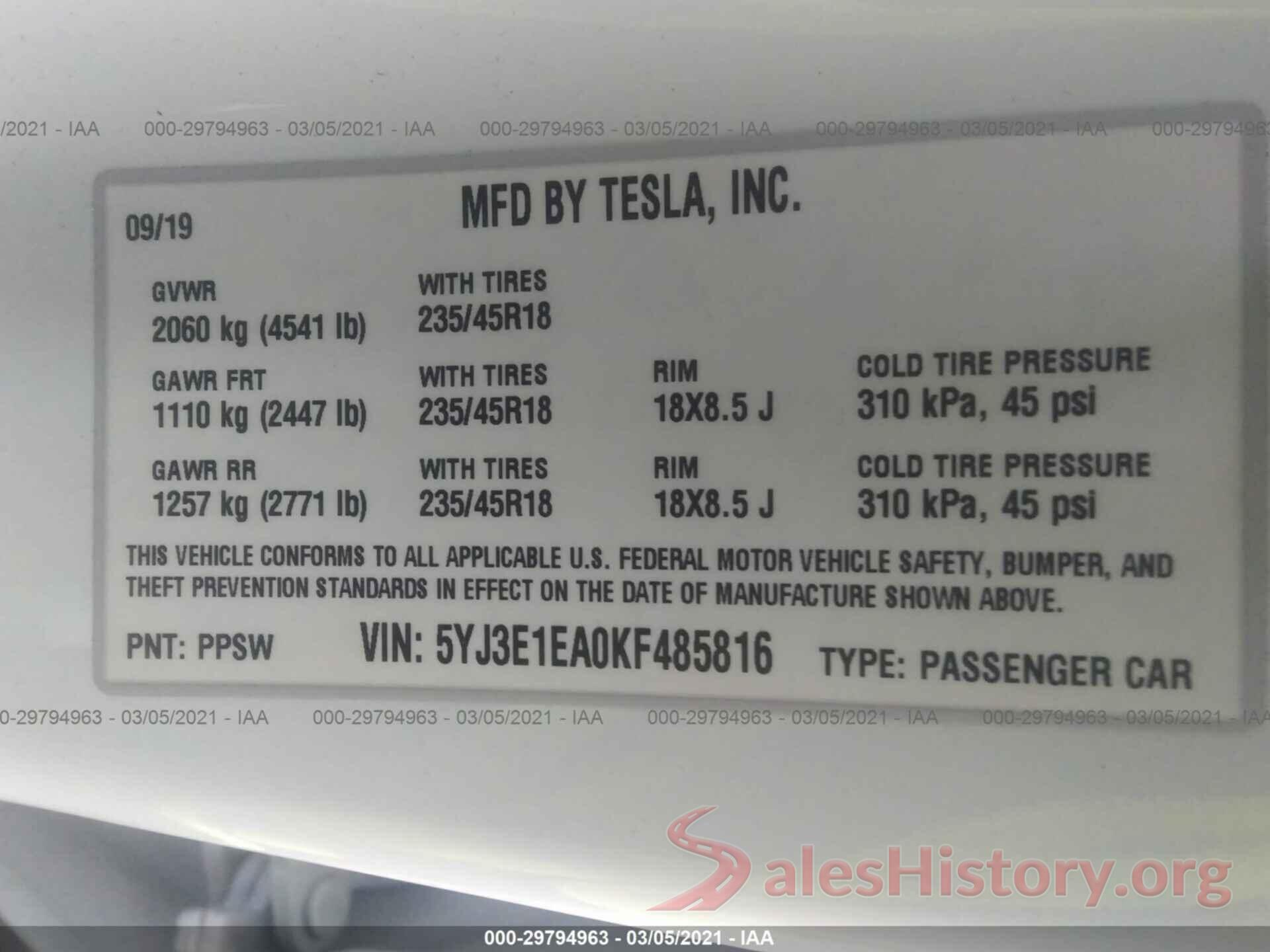 5YJ3E1EA0KF485816 2019 TESLA MODEL 3